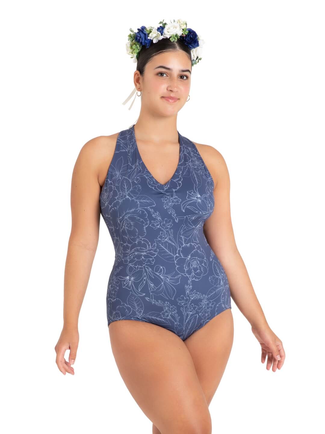 Chamomile Cross Back Leotard Outline Floral Blue front view