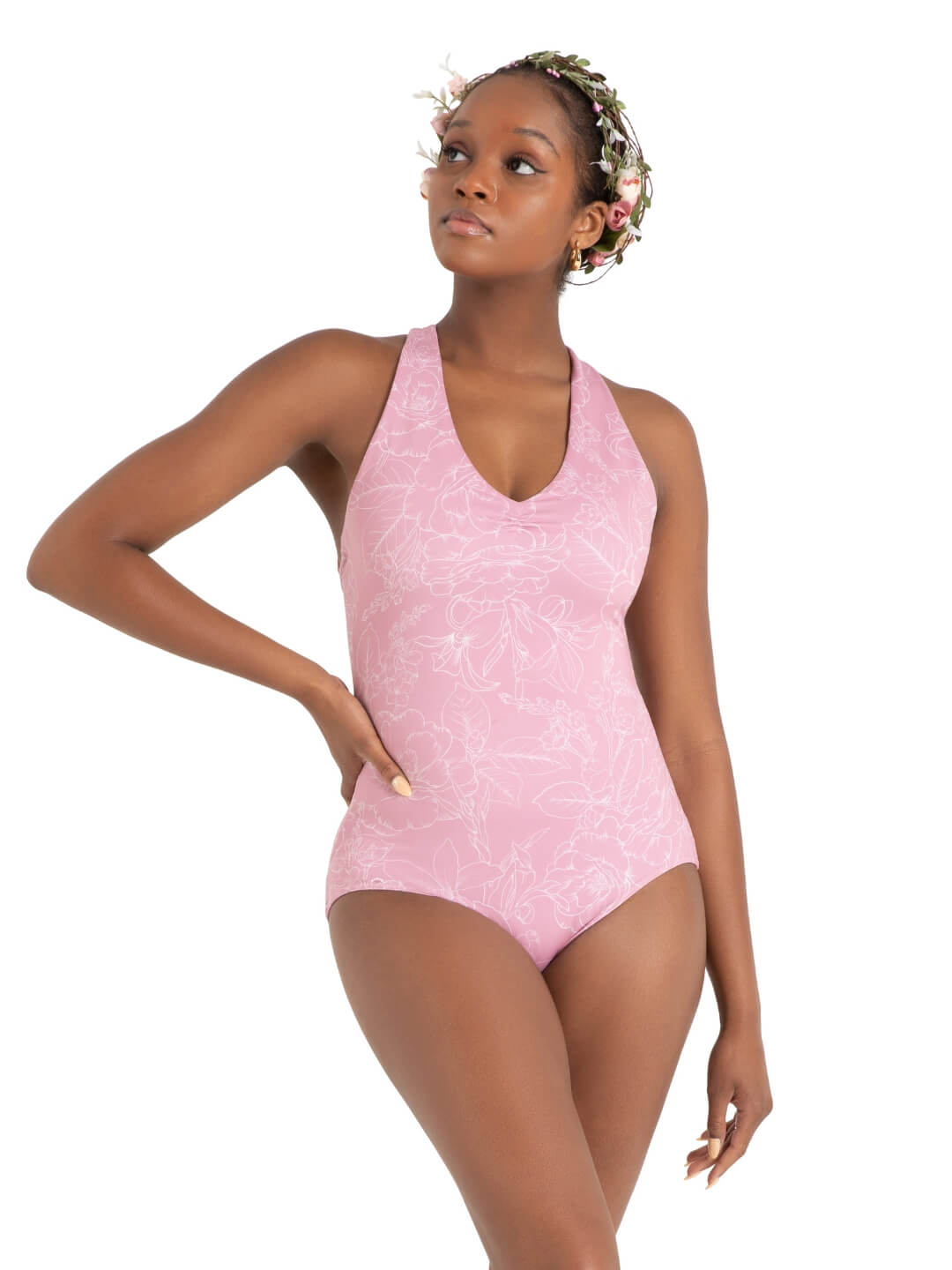 Chamomile Cross Back Leotard Outline Floral Lilas front view