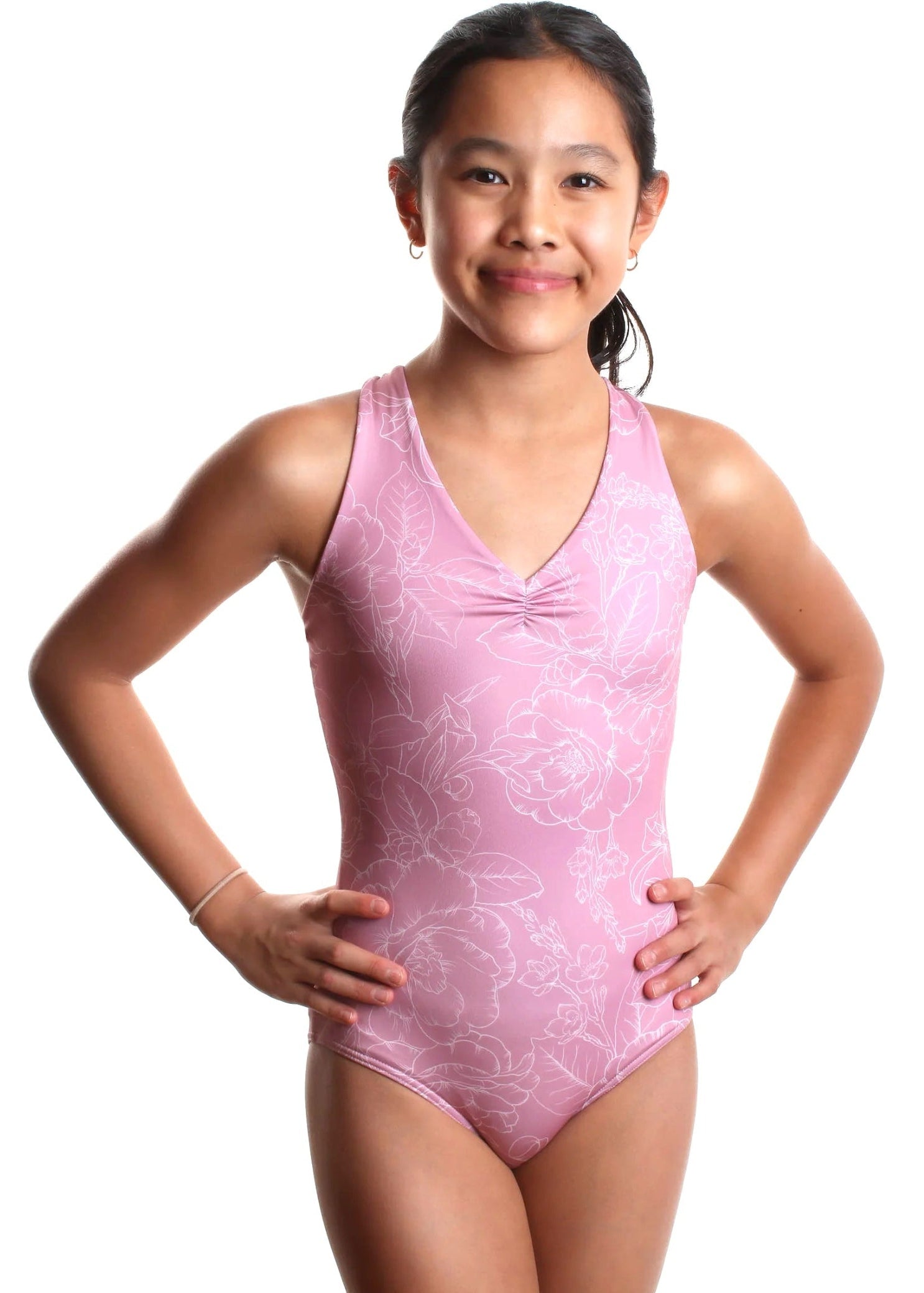 Chamomile Cross Back Leotard Outline Floral Lilas front view