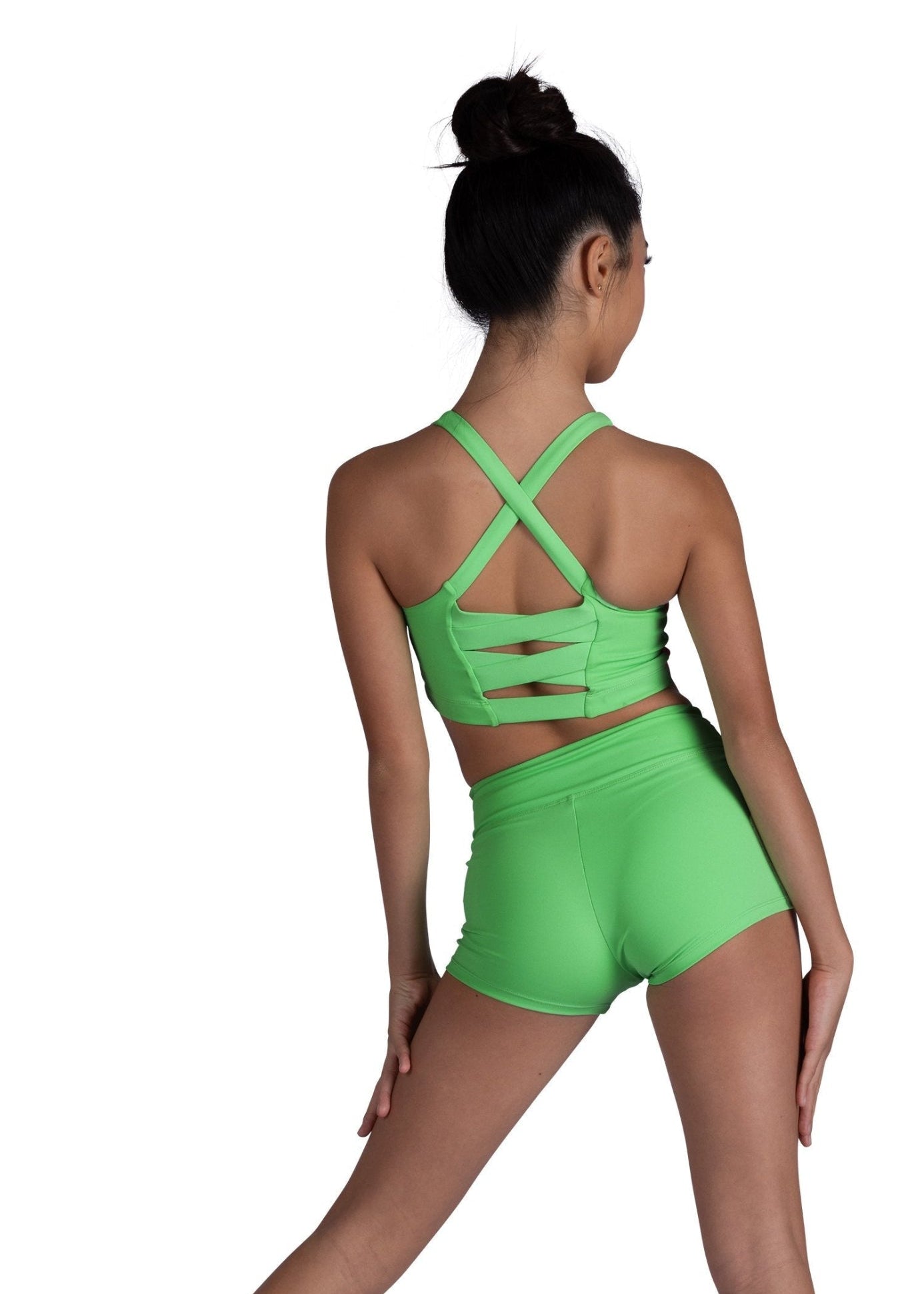 Color Block Halter Top Luminous Green/Neon Pink back view