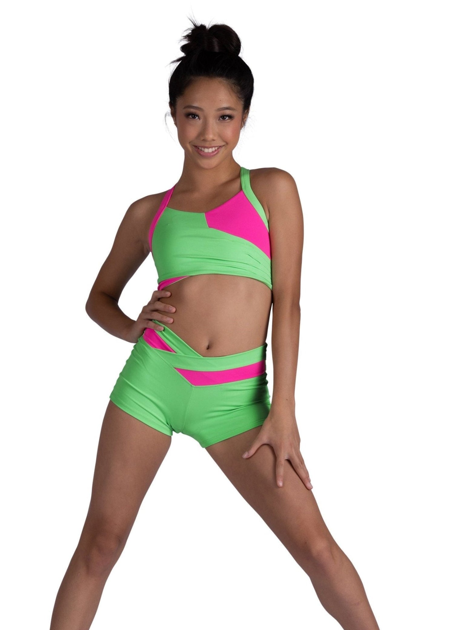 Color Block Halter Top Luminous Green/Neon Pink front view