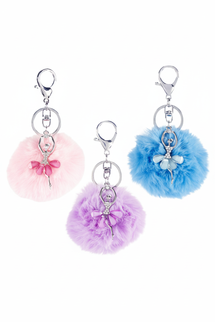 Pink, Purple, Blue, keychain with jeweled ballerina charm and matching pouf ball