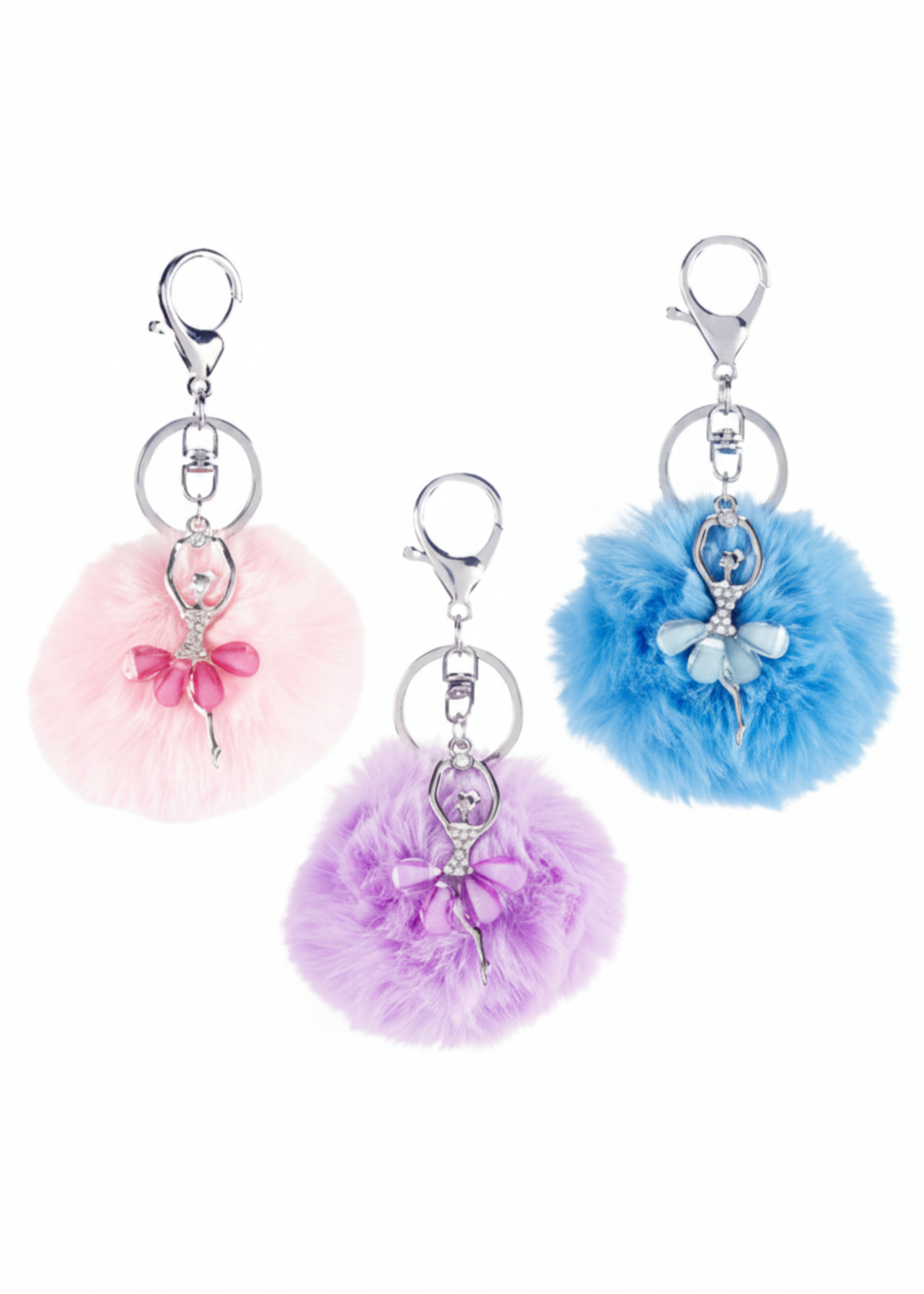 Pink, Purple, Blue, keychain with jeweled ballerina charm and matching pouf ball