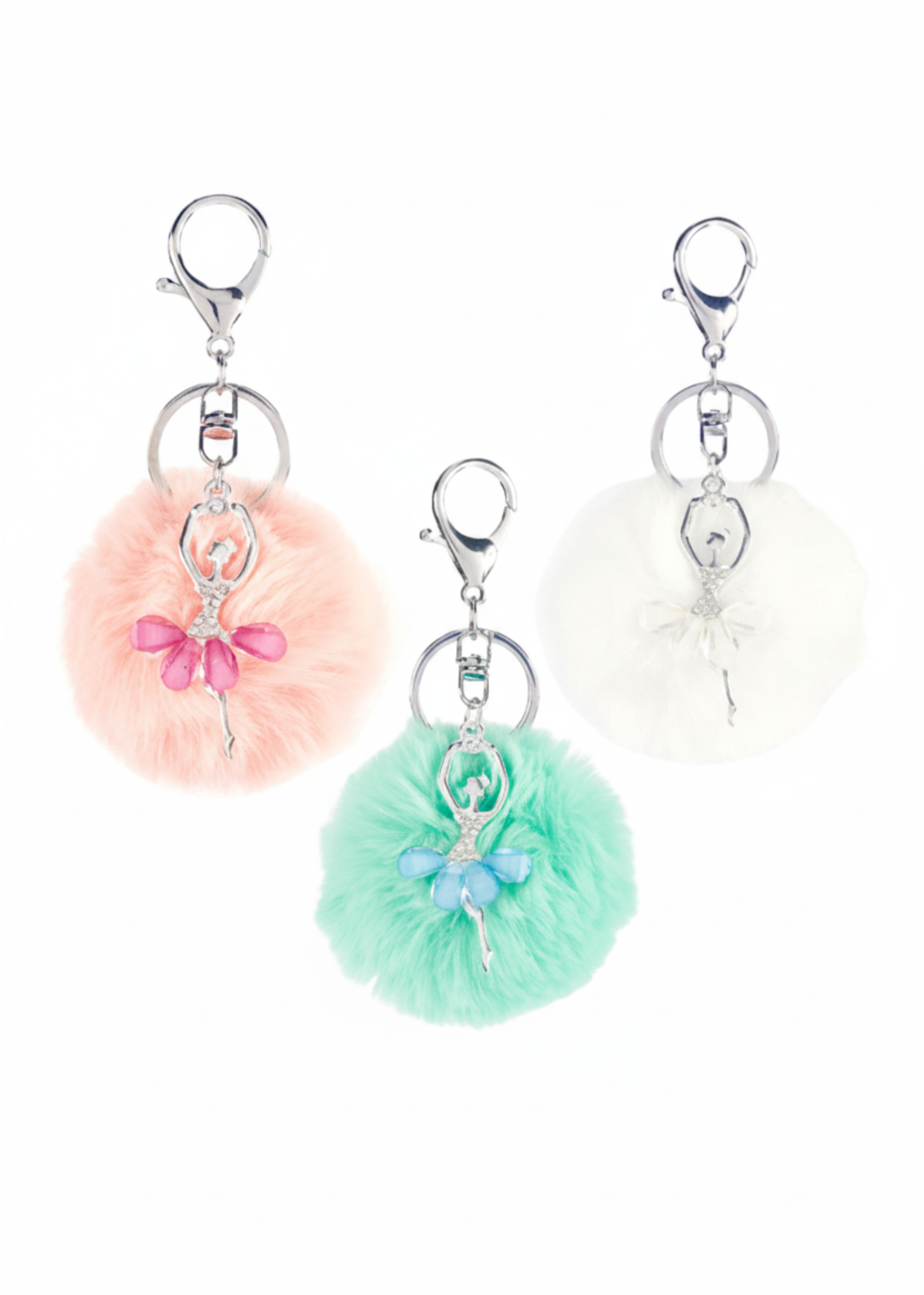 European Pink, Green, White, keychain with jeweled ballerina charm and matching pouf ball