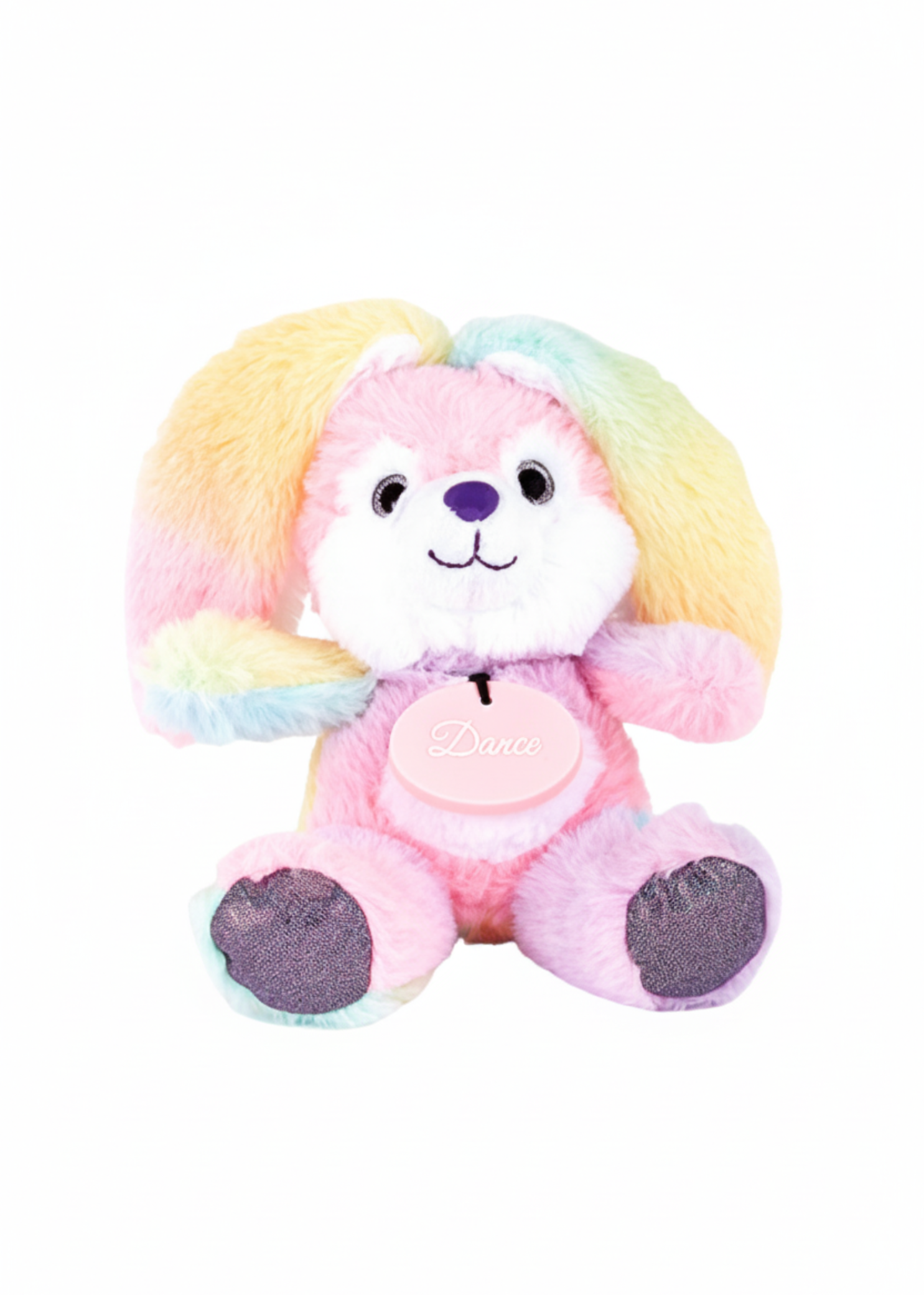 6-inch plush bunny with rainbow sherbet colors and “Dance” medallion