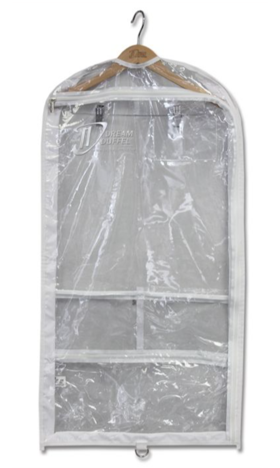 Clear garment bag on a hanger with a white background