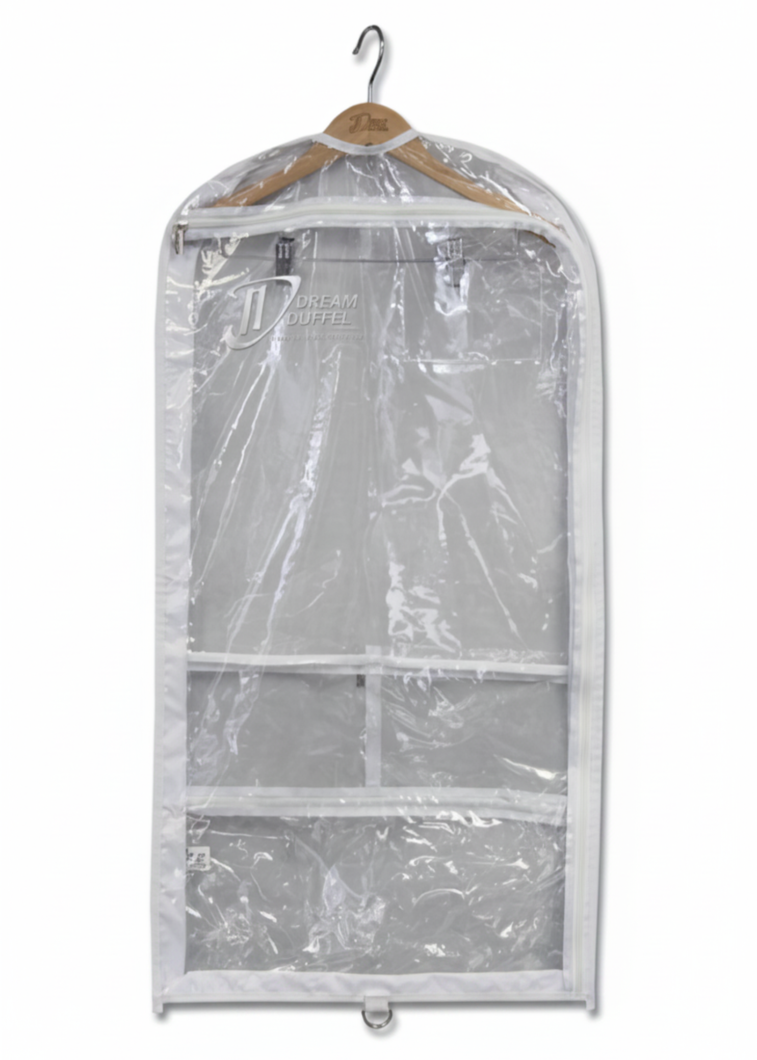 Clear garment bag on a hanger with a white background