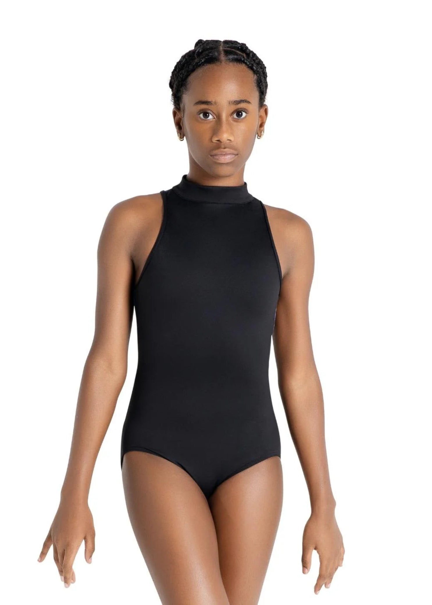 High Neck Mesh Back Leotard Black front view