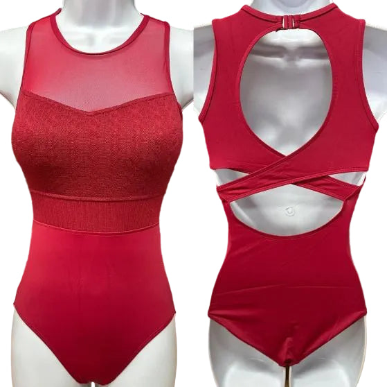 Andrea Mesh Yoke Leotard Autumn Red front and back view