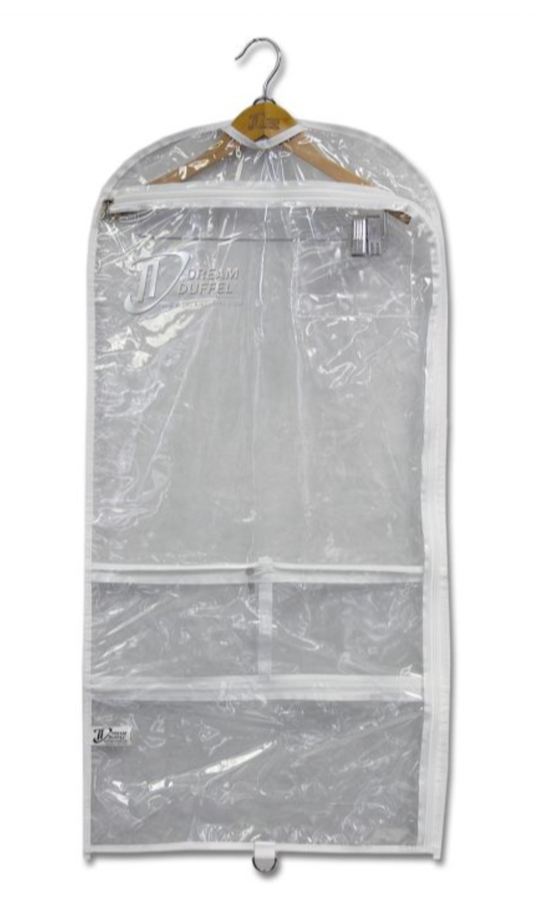Clear garment bag with a hanger on a white background