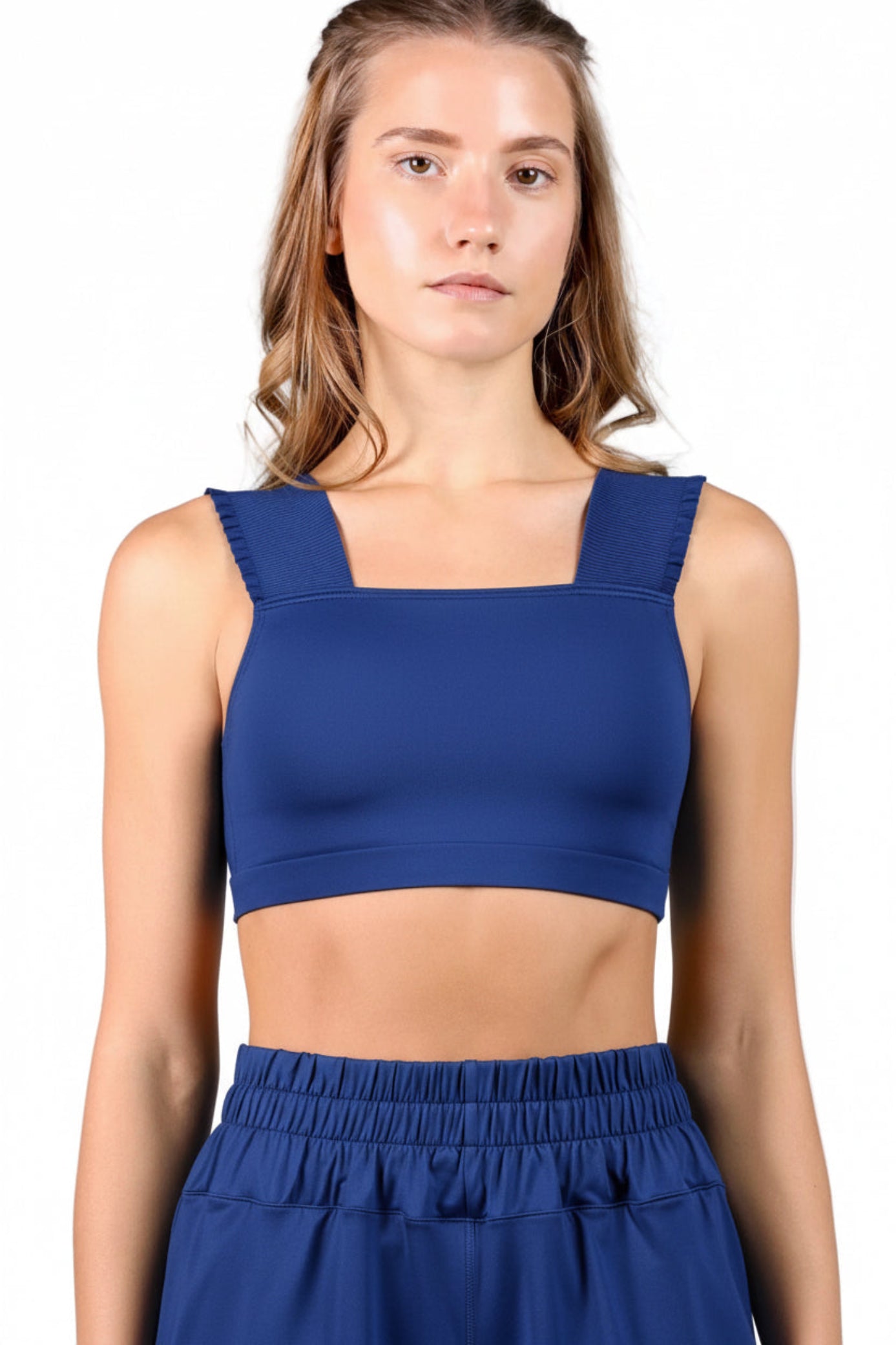 Ruffle Strap Crop Top Sapphire front view