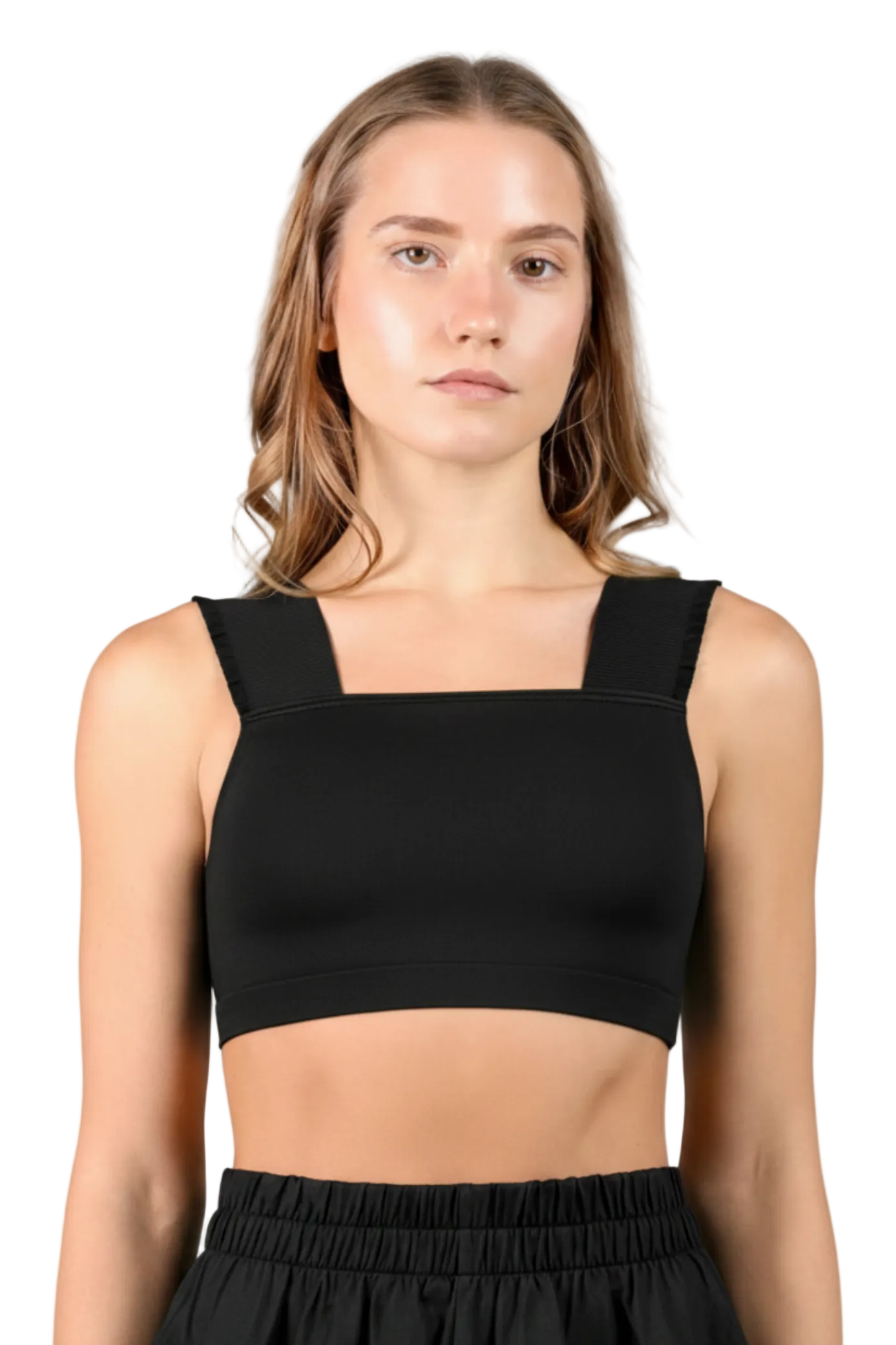 Ruffle Strap Crop Top Black front view