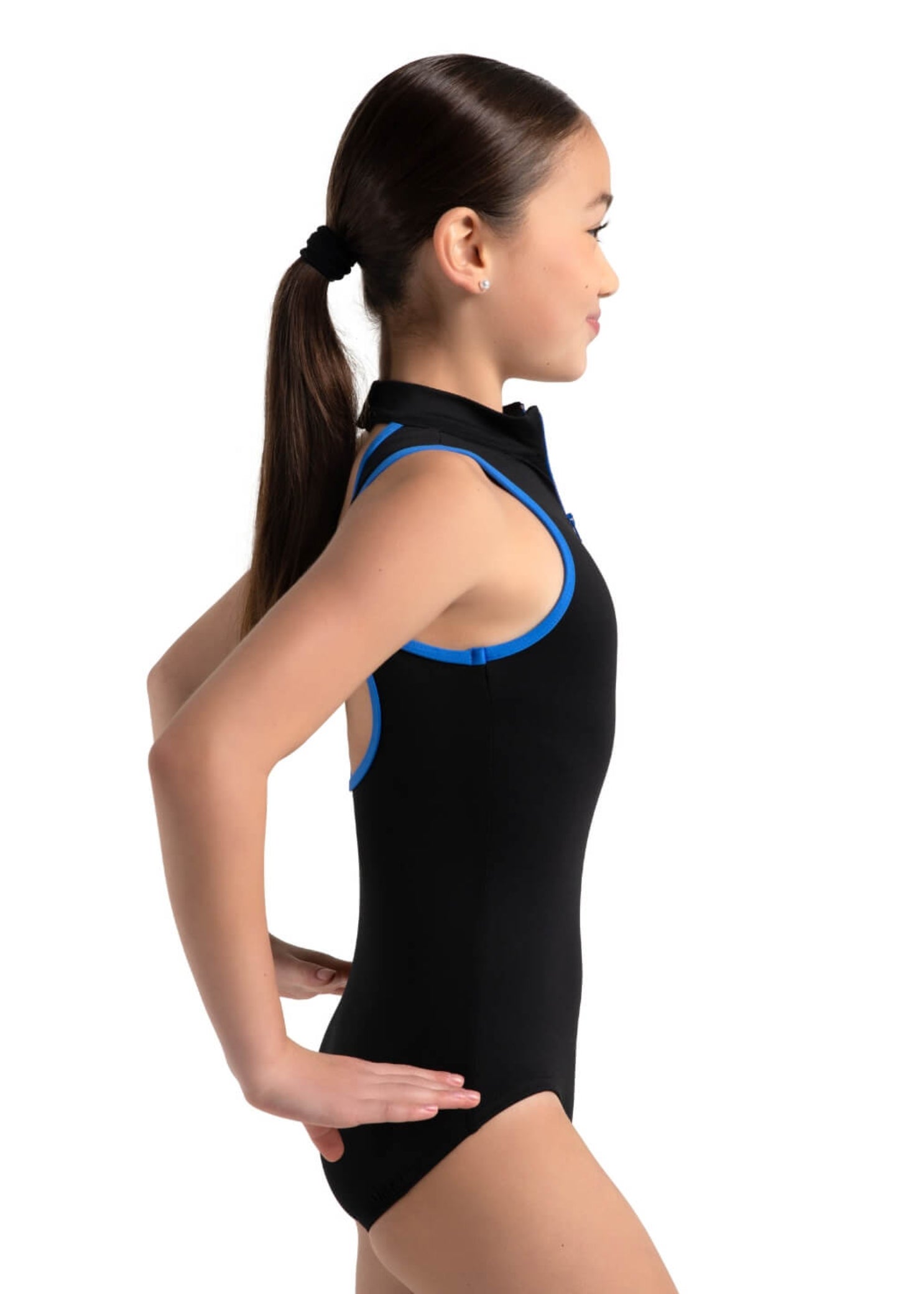 Zip Front Leotard Black Royal side view
