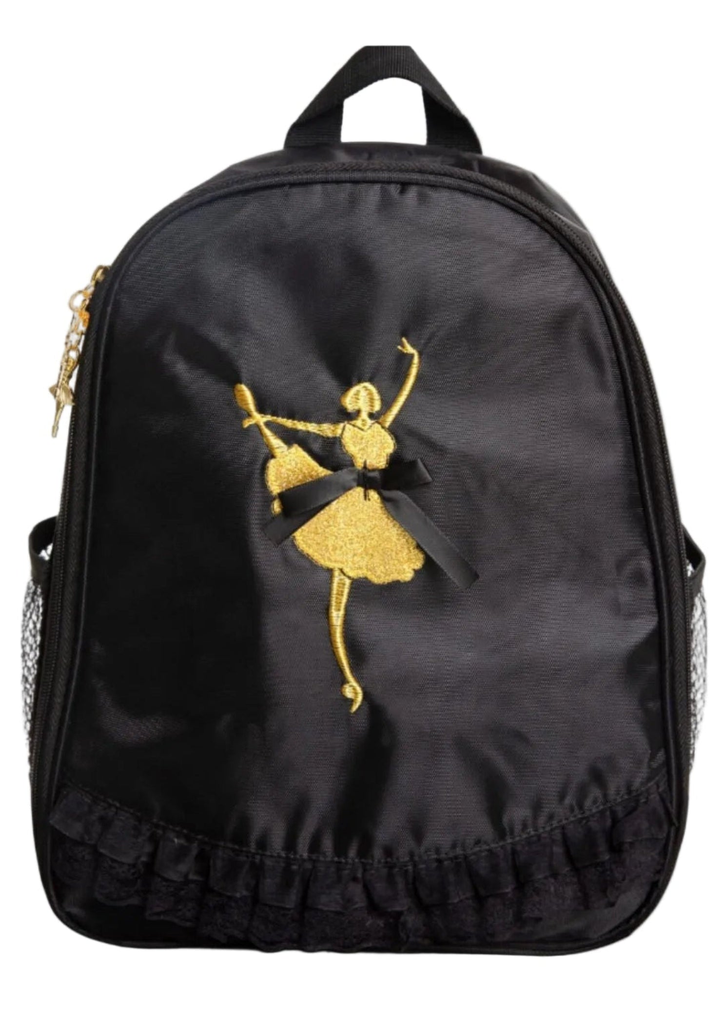 Black backpack with a gold ballerina design on a white background