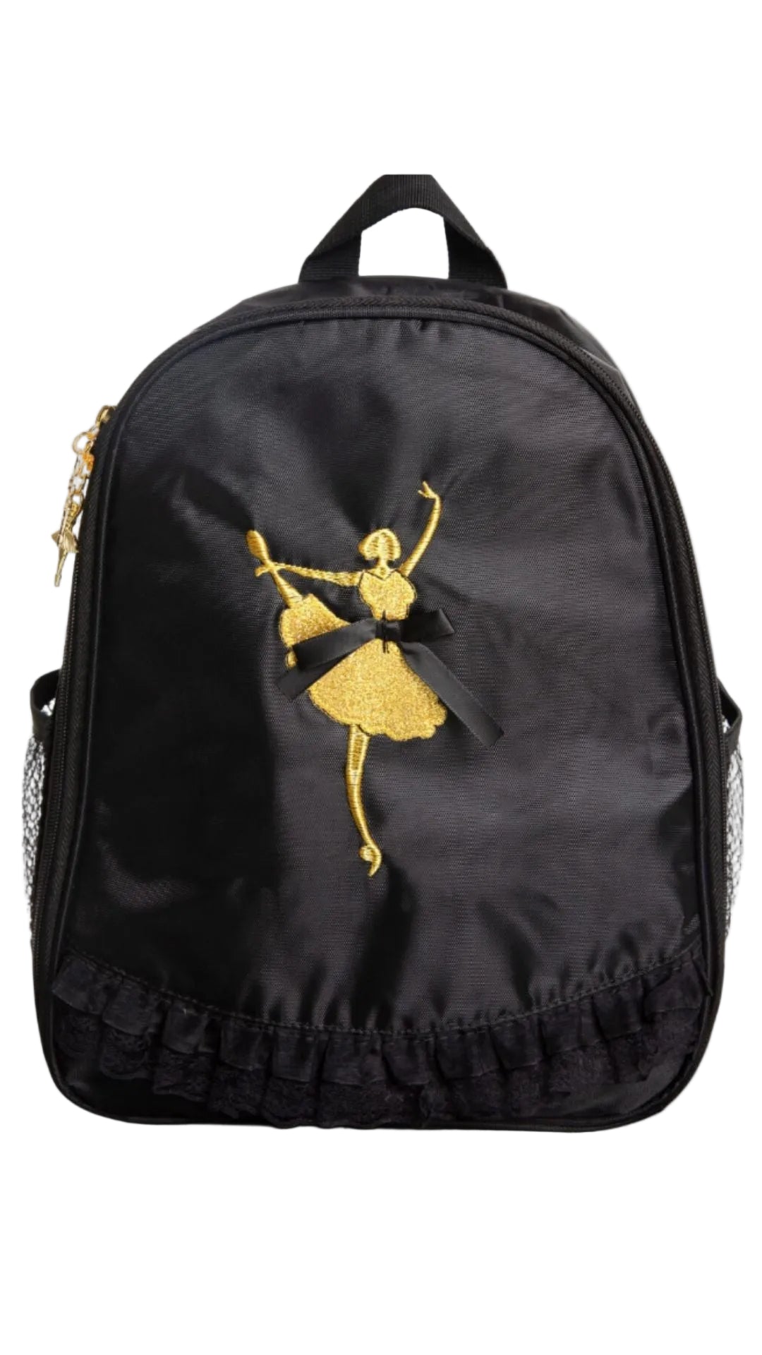Black backpack with a gold ballerina design on a white background