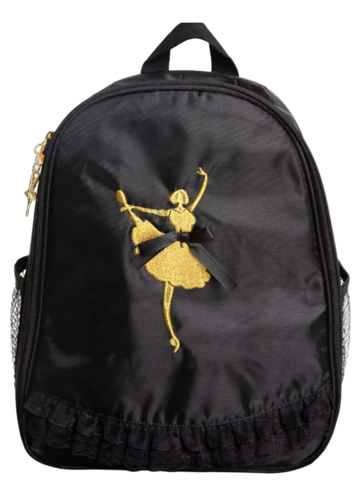 Black backpack with a gold ballerina design on a white background