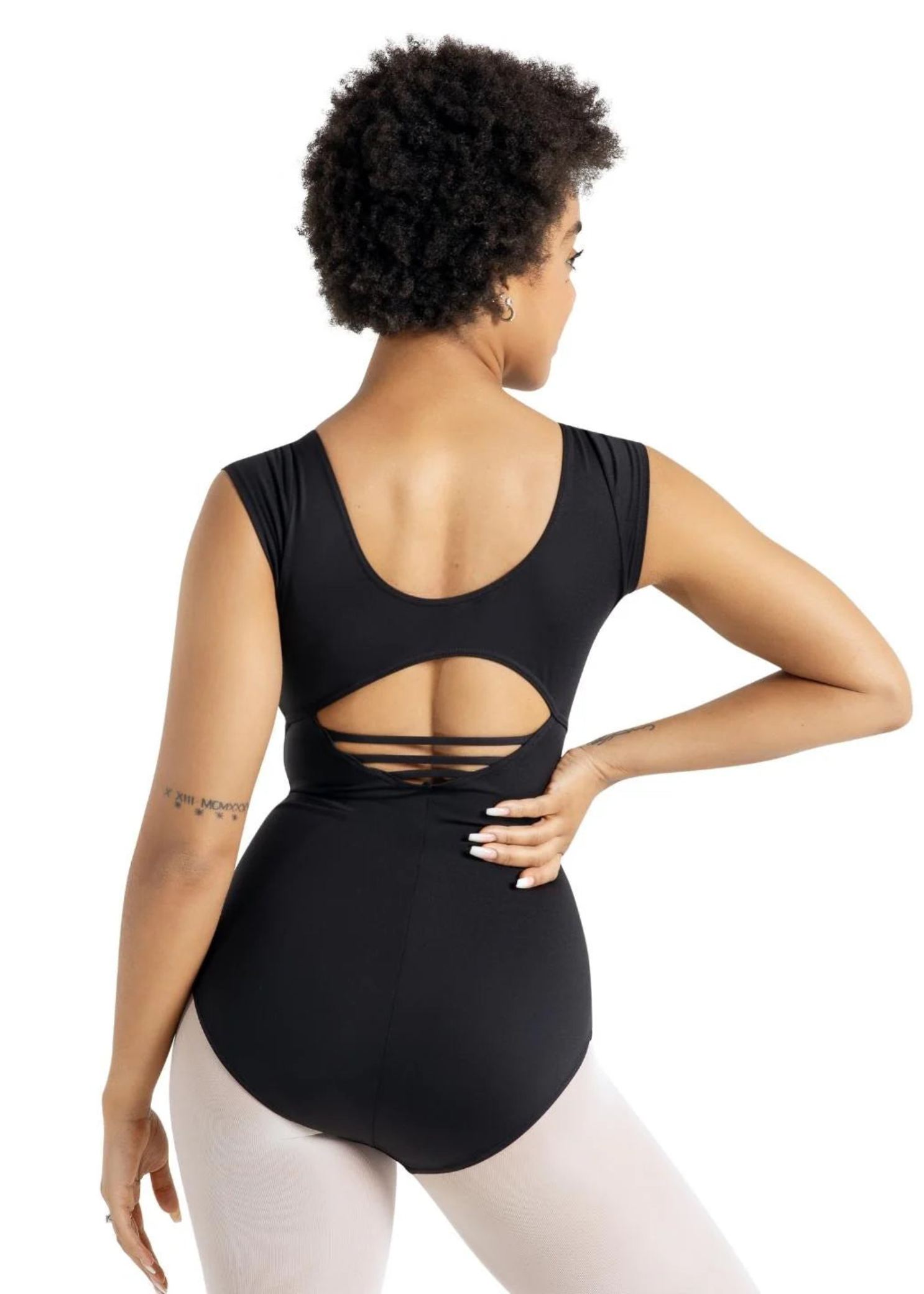 High Neck Cap Sleeve Leotard Black back view