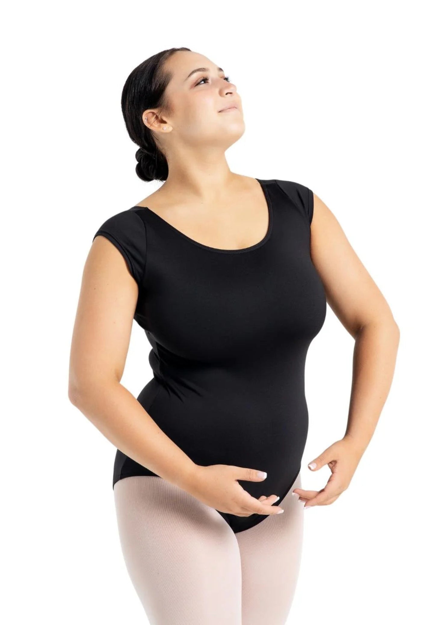 High Neck Cap Sleeve Leotard Black front view
