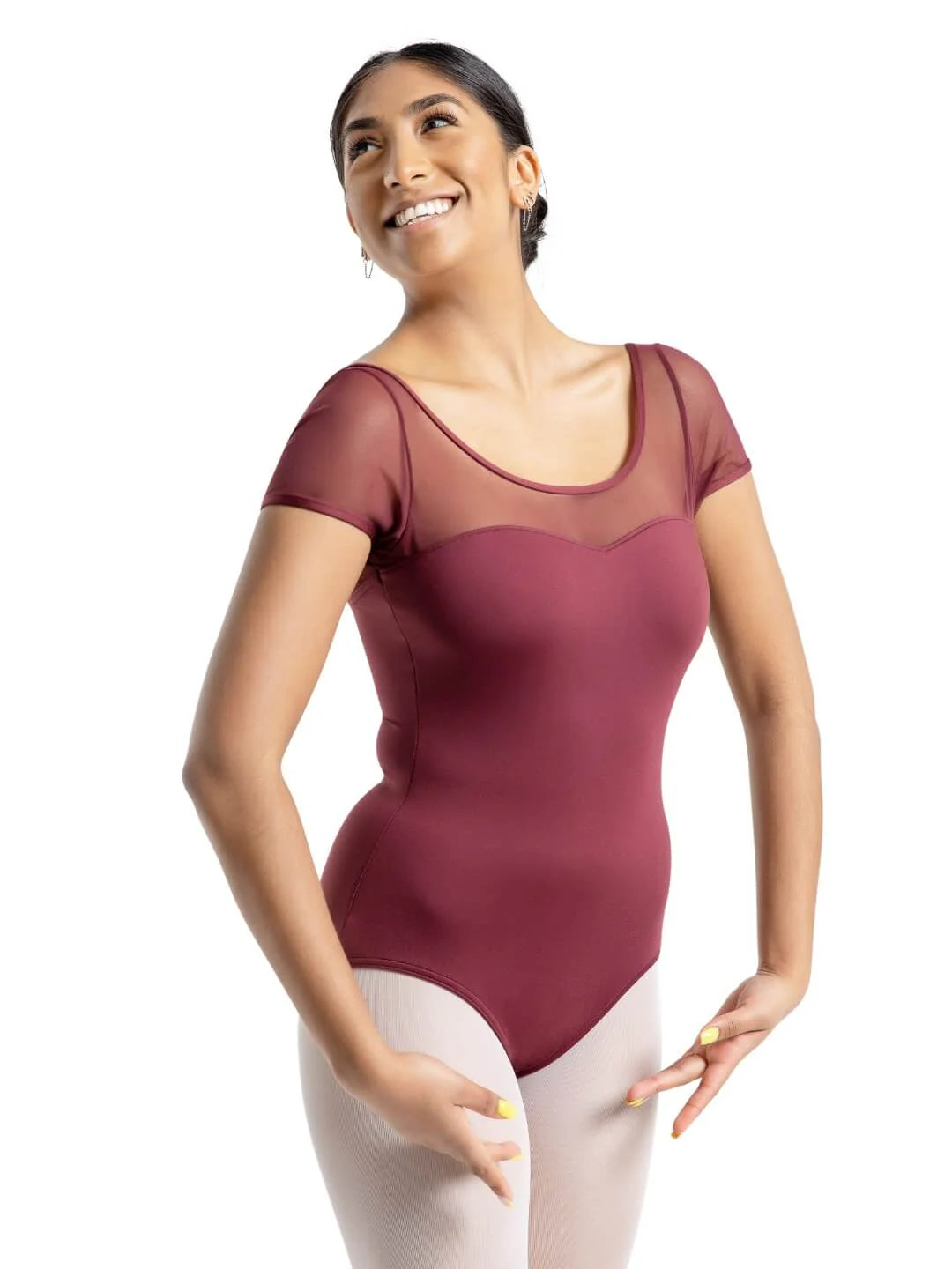 Mesh Cap Sleeve Leotard Burgundy front view