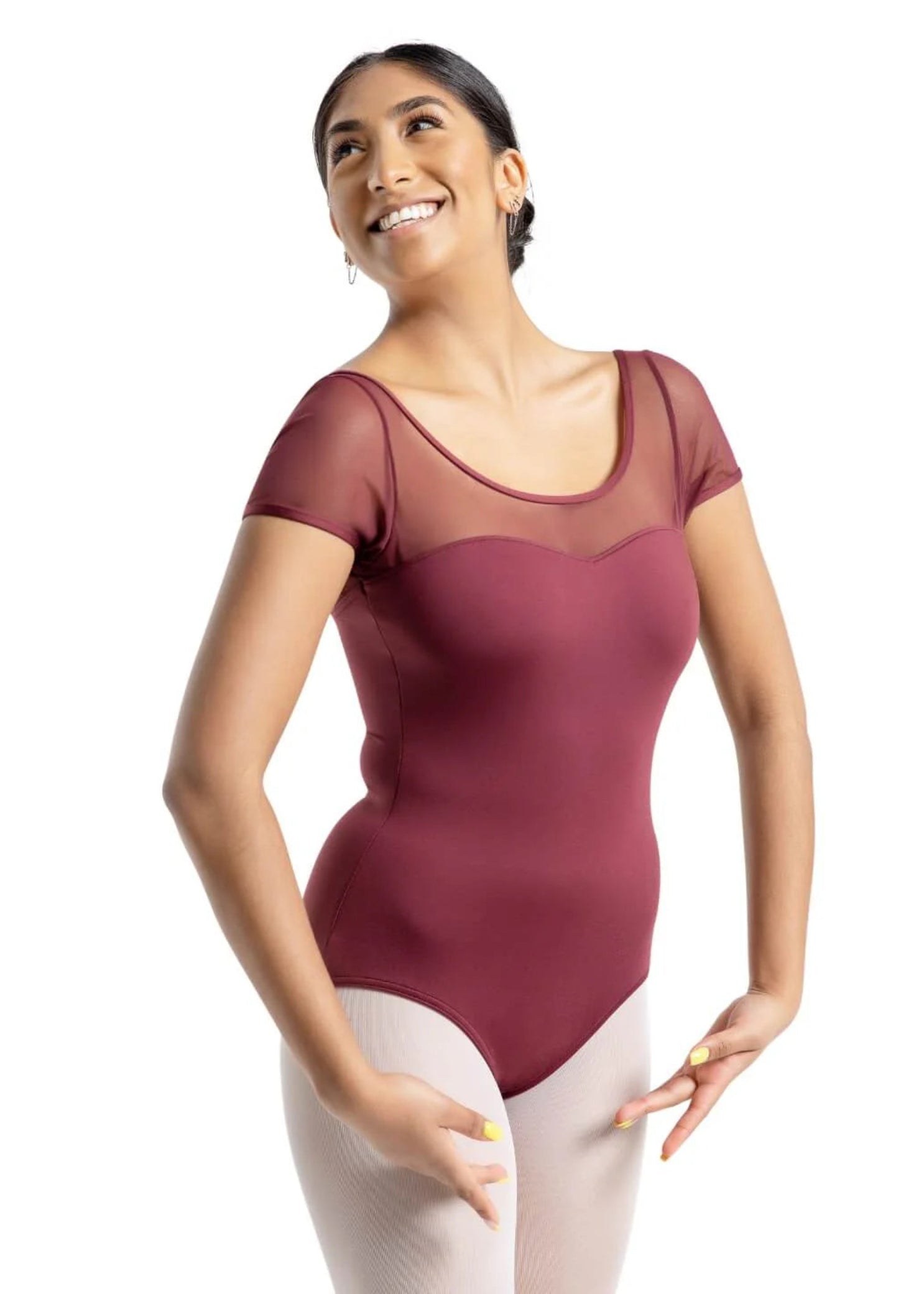 Mesh Cap Sleeve Leotard Burgundy front view