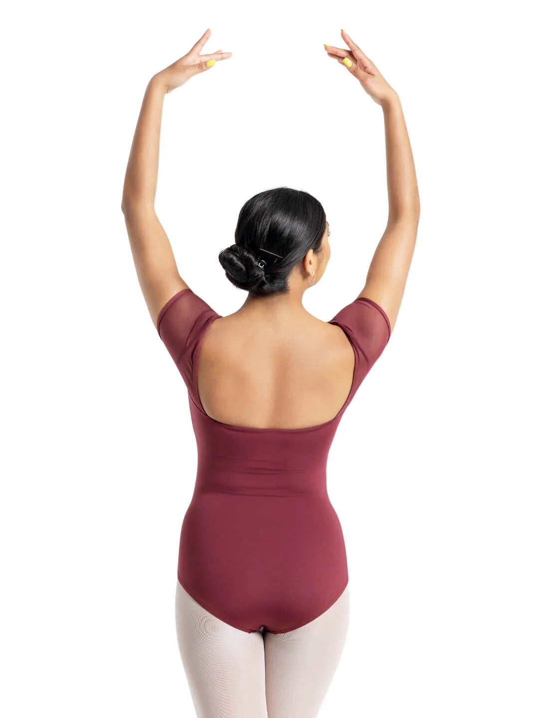 Mesh Cap Sleeve Leotard Burgundy back view