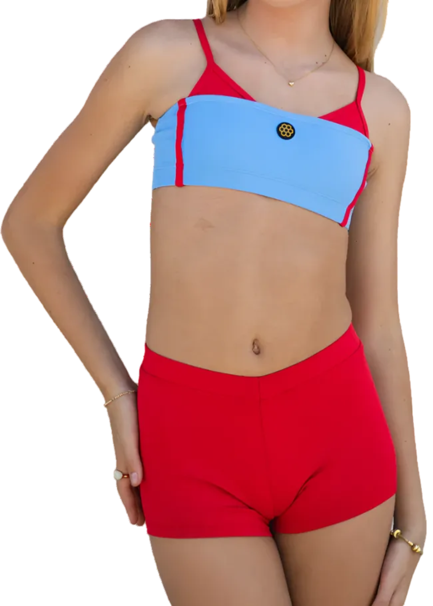 Tate Top Cloud Blue & Hot Tomato or Micro Short Black front view