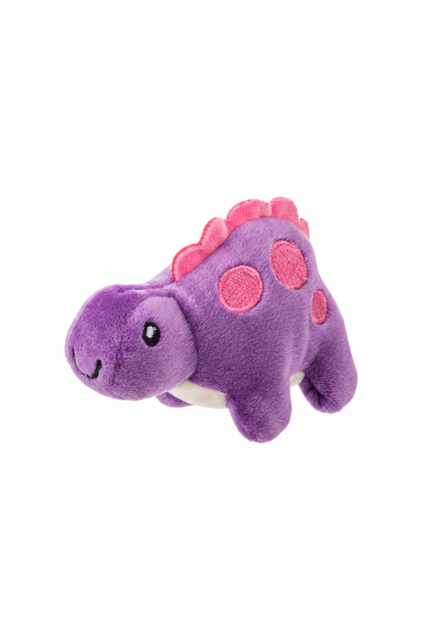 Purple 4-inch dinosaur stress squeeze toy with soft squeezable construction for on-the-go stress relief