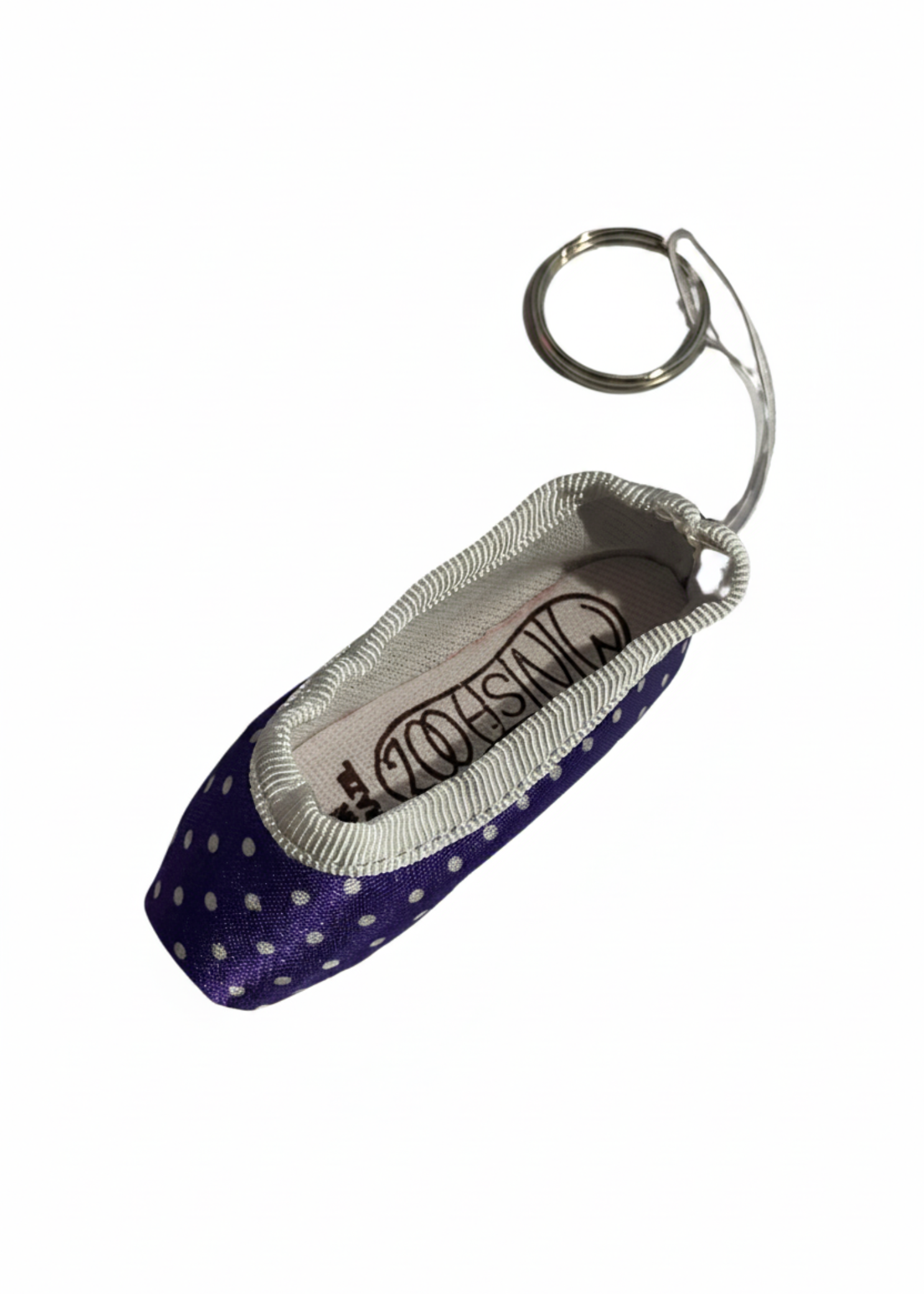 Mini pointe shoe keychain with purple polka dot pattern and durable key ring