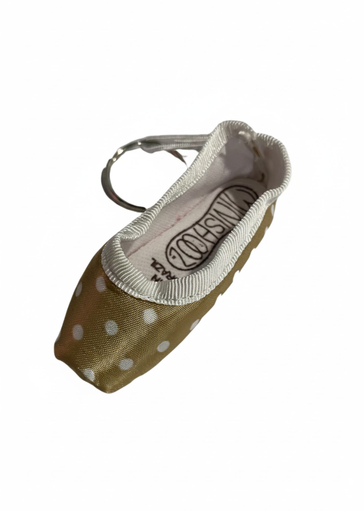 Mini pointe shoe keychain with gold polka dot pattern and durable key ring
