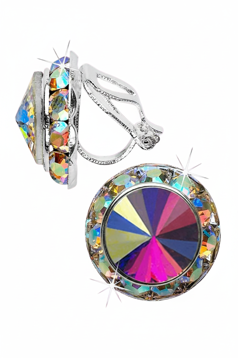 Rivoli Crystal Earrings 20mm AB Clip side and front view
