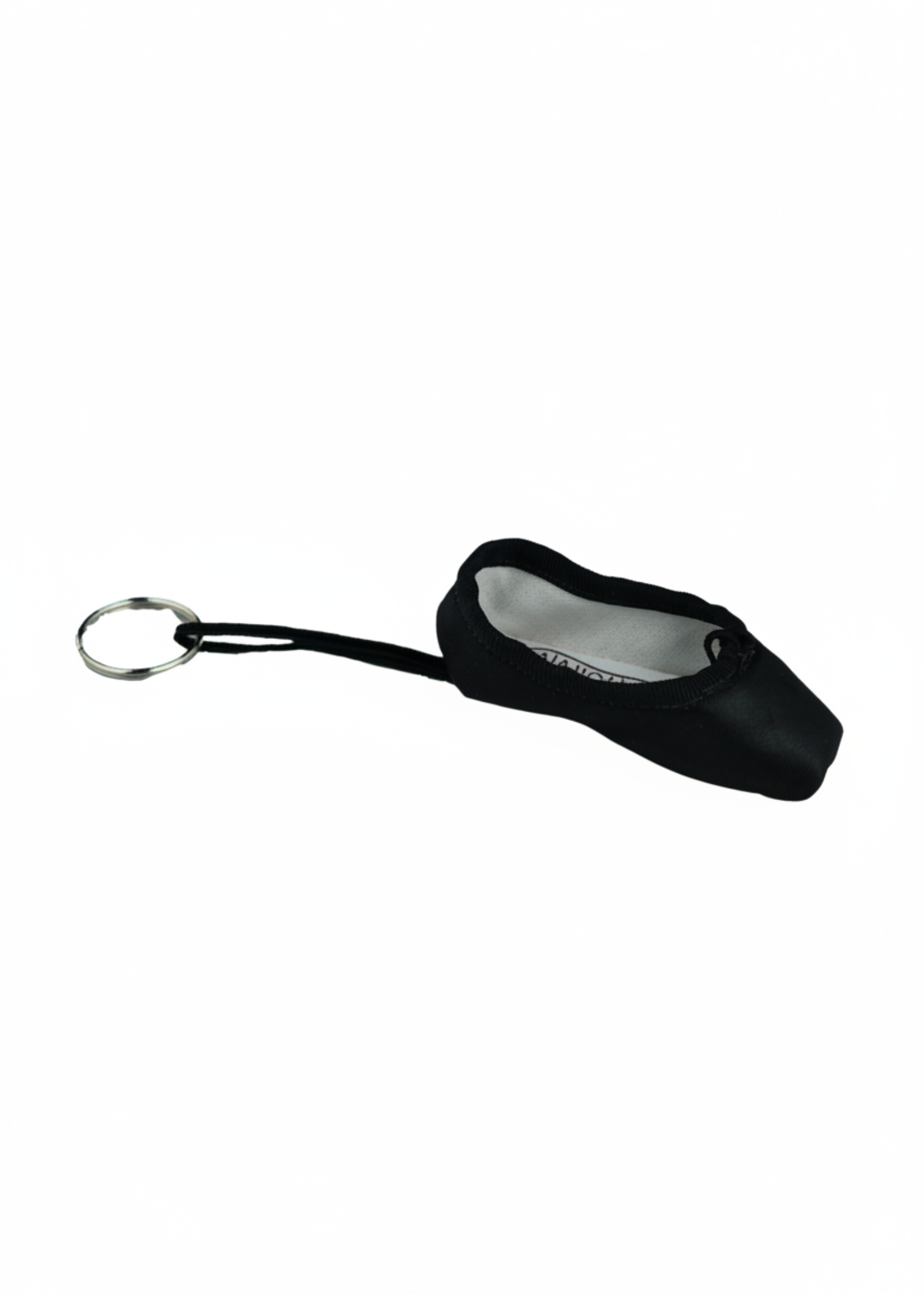 Black mini pointe shoe keychain with realistic stitching and compact durable design