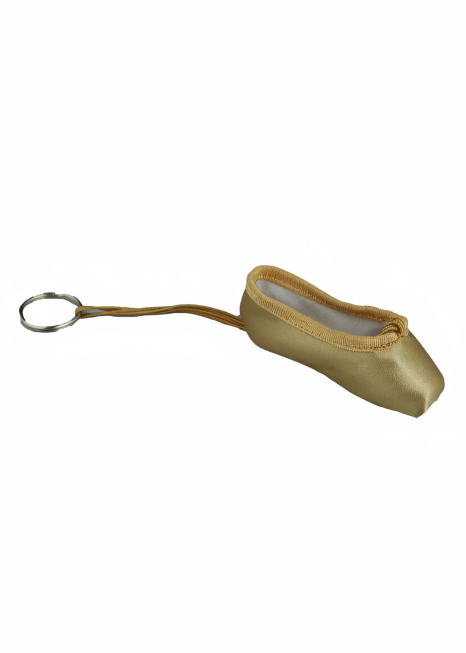 Gold mini pointe shoe keychain with realistic stitching and compact durable design