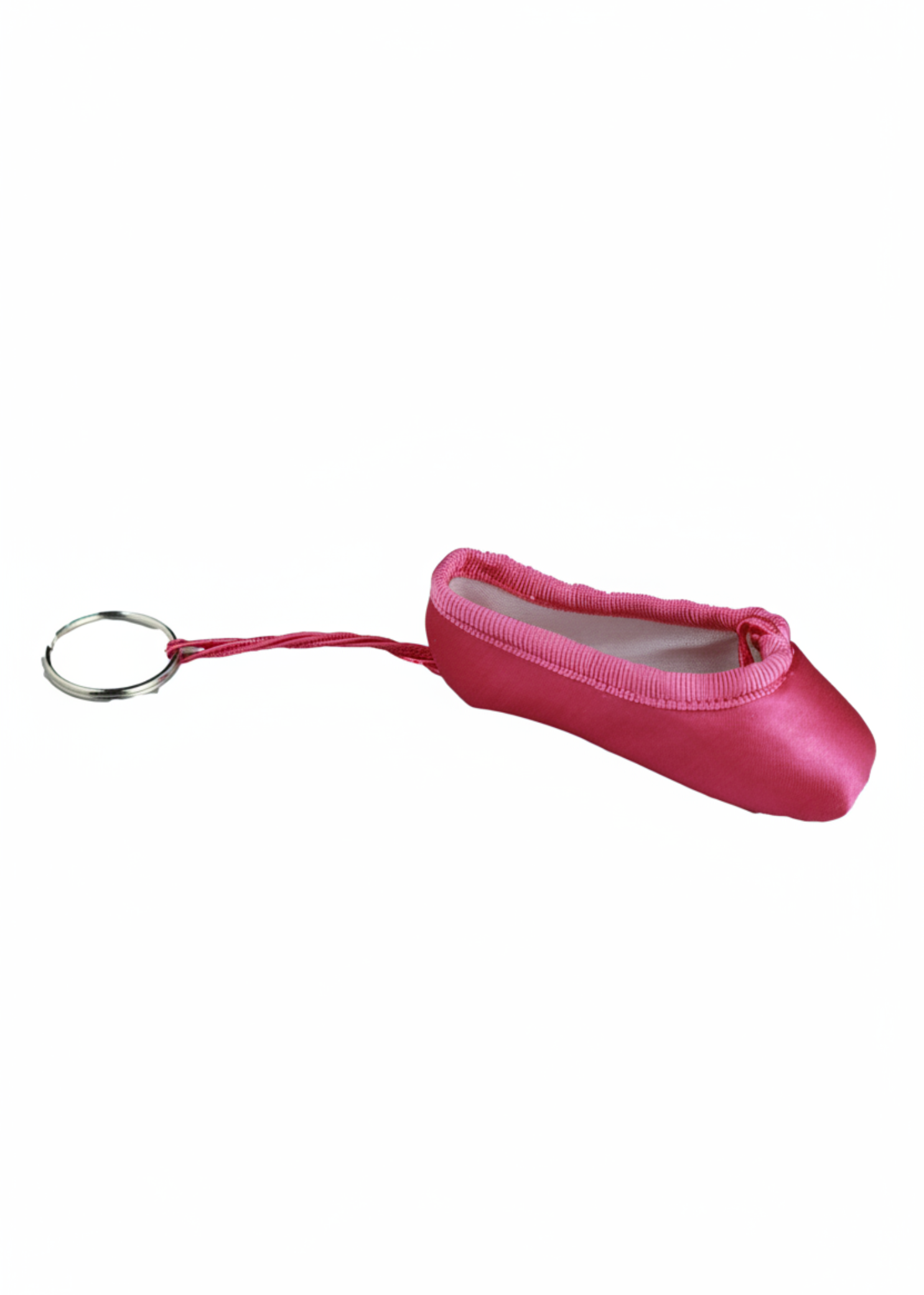 Hot Pink mini pointe shoe keychain with realistic stitching and compact durable design