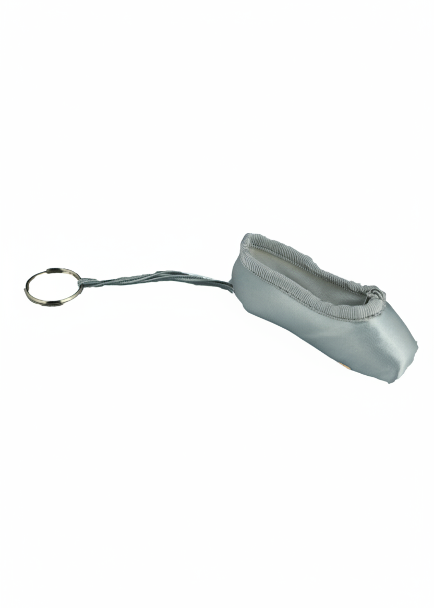 Silver mini pointe shoe keychain with realistic stitching and compact durable design