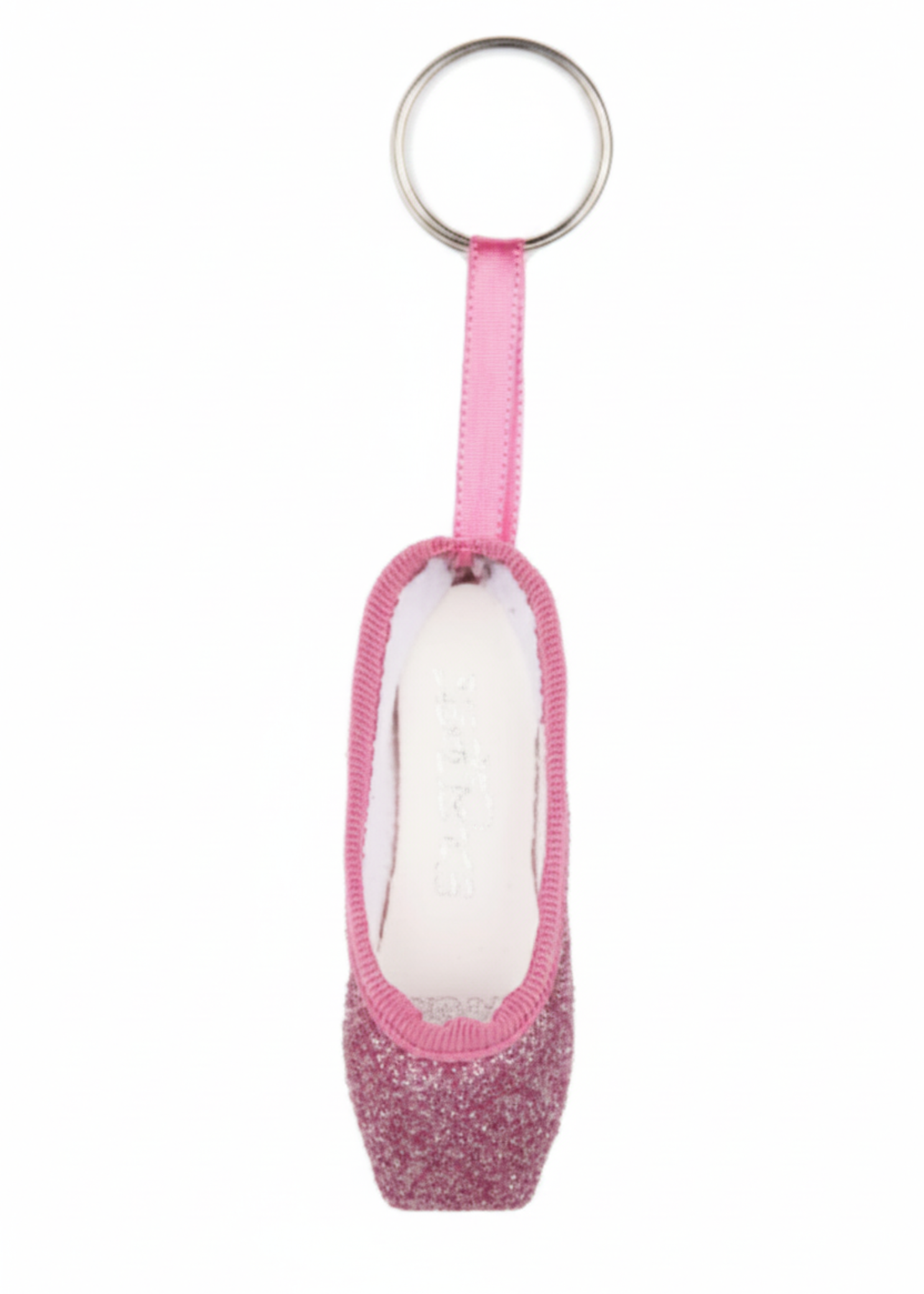 Rose mini pointe shoe keychain with glitter accents and lightweight design
