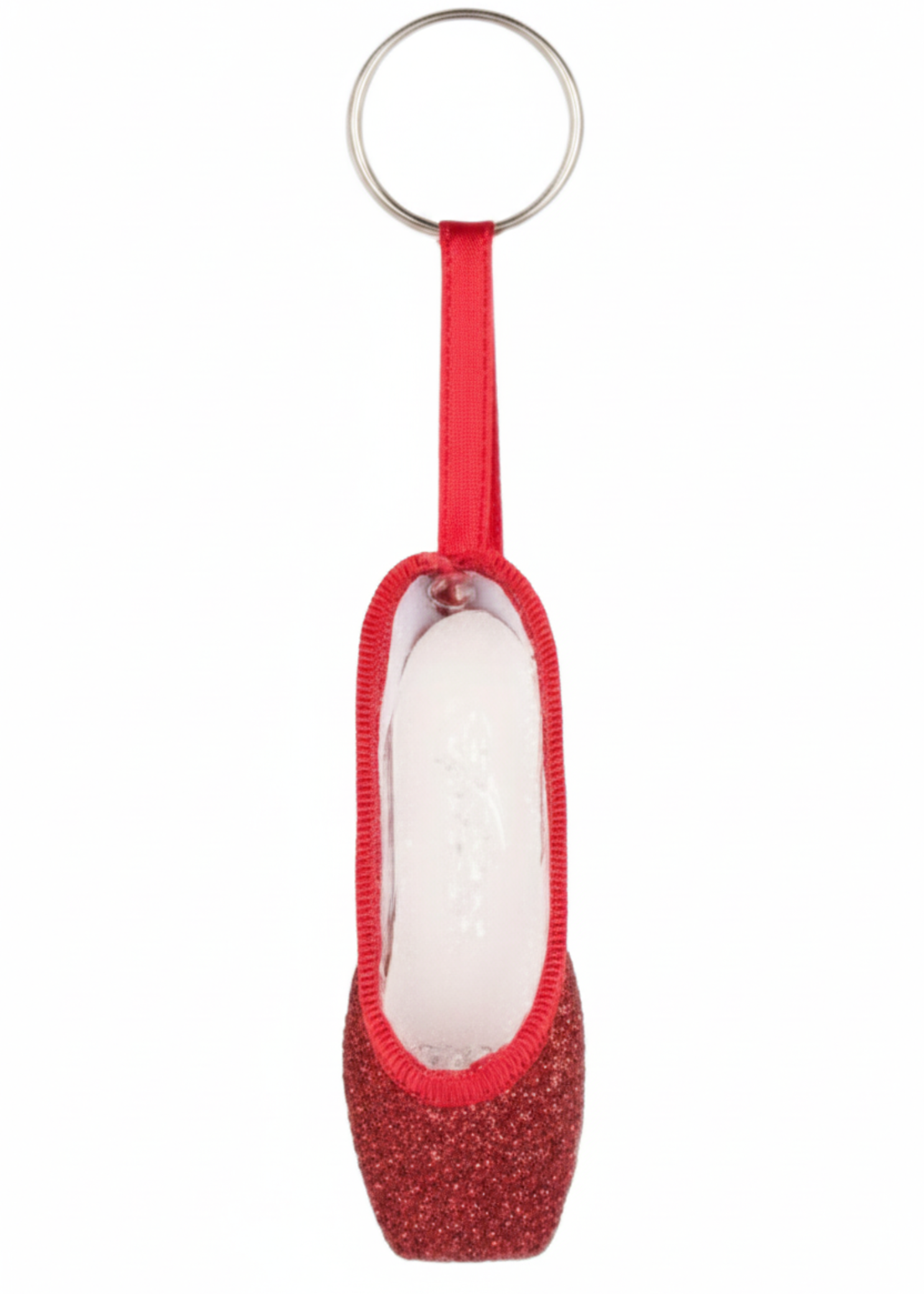 Red mini pointe shoe keychain with glitter accents and lightweight design