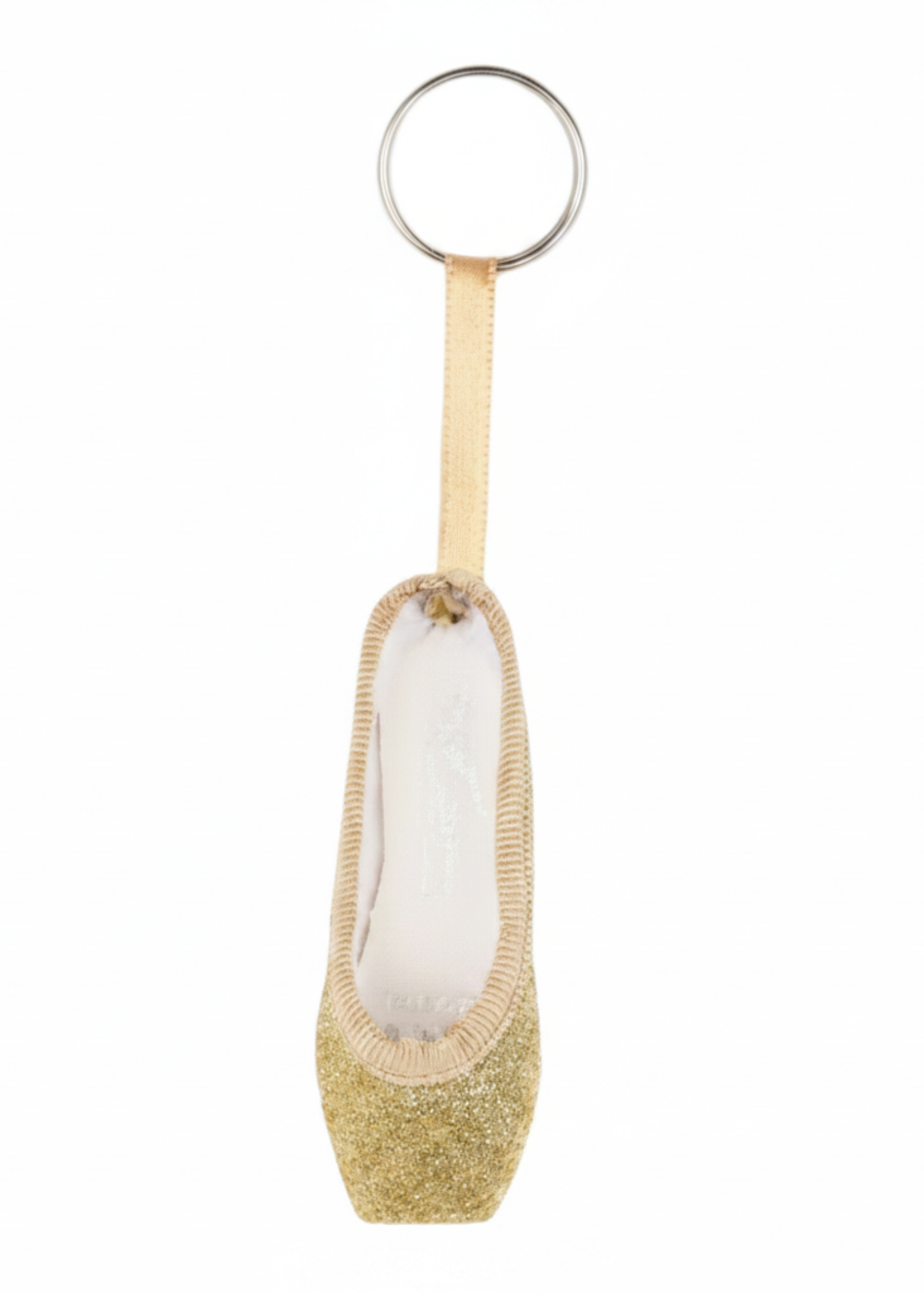 Gold mini pointe shoe keychain with glitter accents and lightweight design