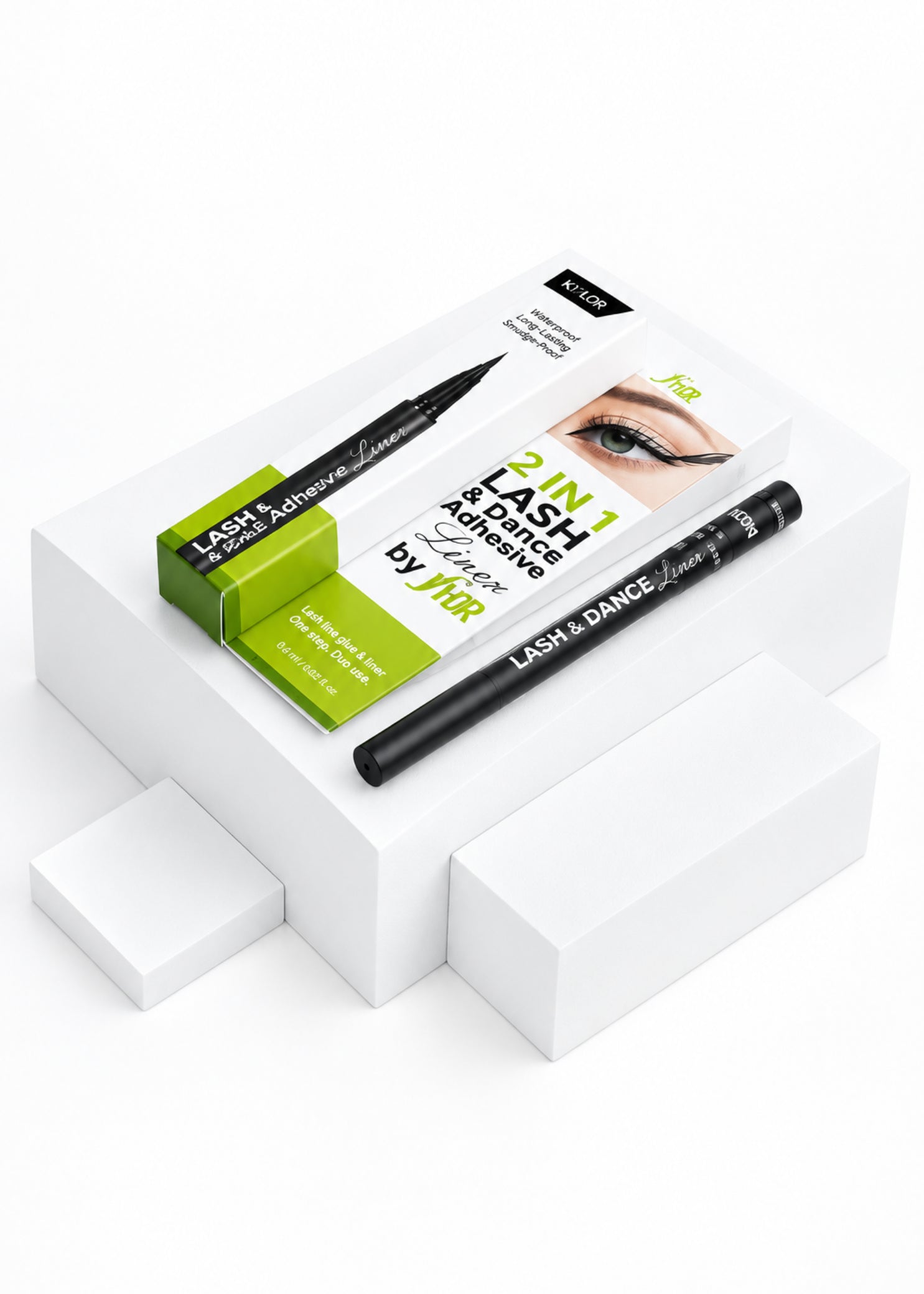FH2 2-in-1 Lash and Liner Adhesive in Black, lifestyle view showing felt-tip liner for secure lash application