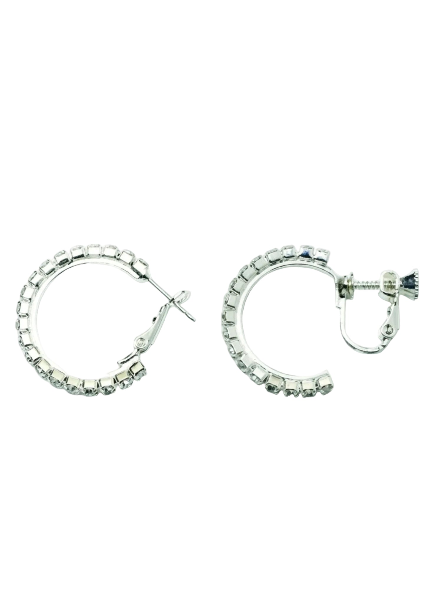 FH2 20mm Clip Hoop Earrings, detail view showing clear crystal rhinestone pave on silver-tone hoop