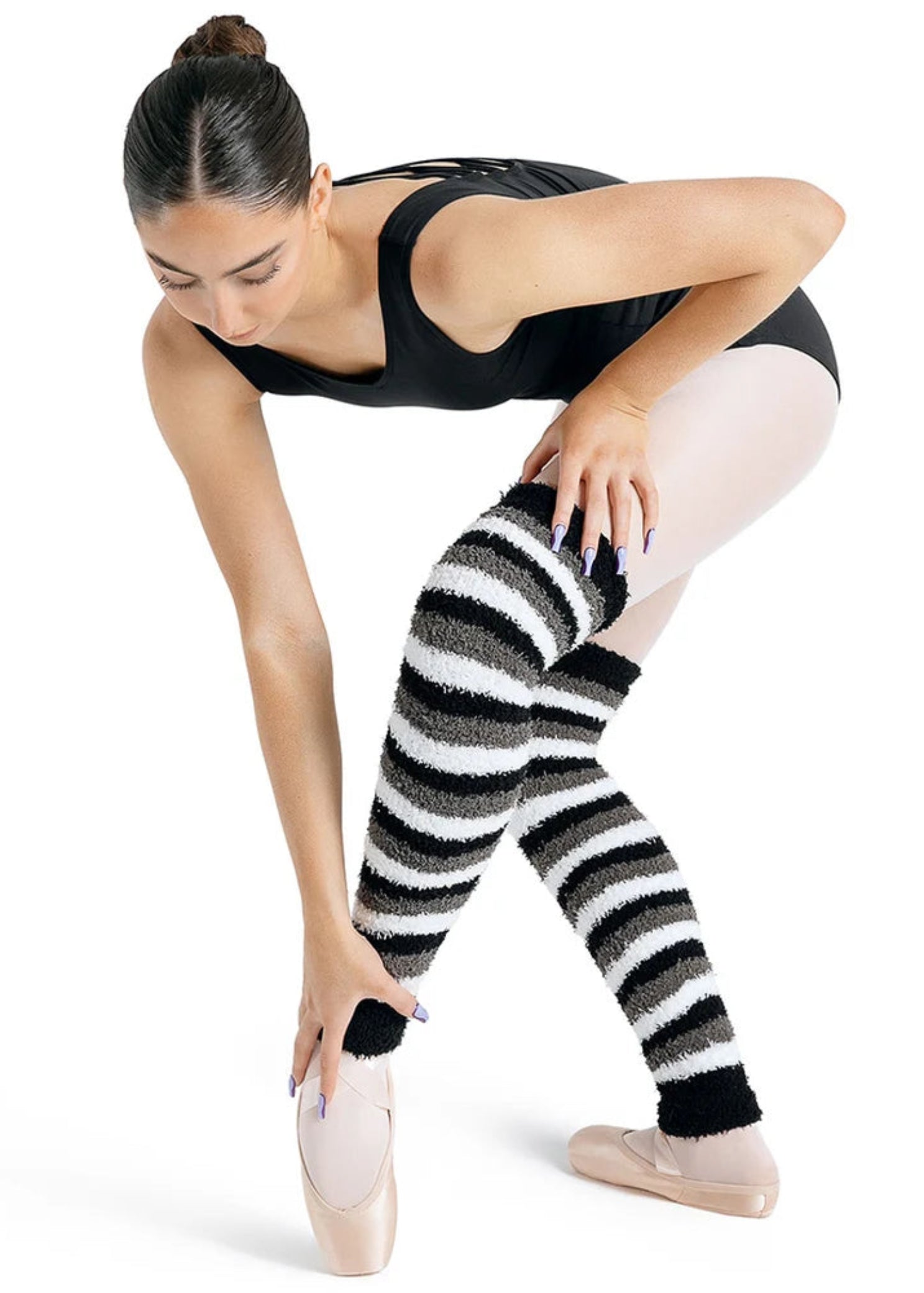 Capezio polyester-blend 24" Stripe Legwarmer in Black & Gray & White, product view showing fuzzy striped knit