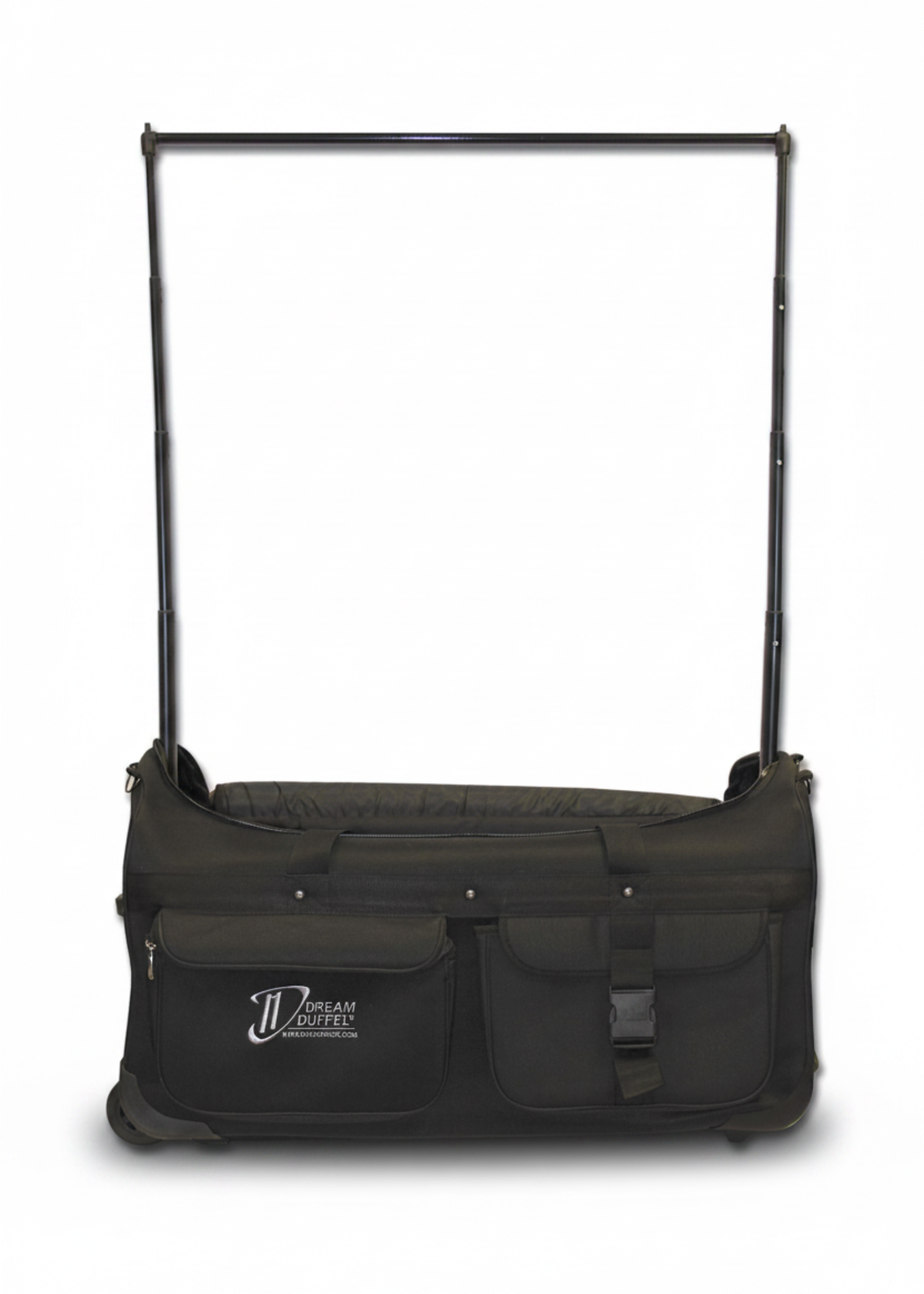 Dream Duffel large rolling dance bag in black, front view showing 58" telescoping garment rack fully extended above bag with Dream Duffel logo and dual front snap pockets