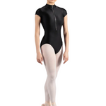 Zip Front Sleeve Leotard Black front view