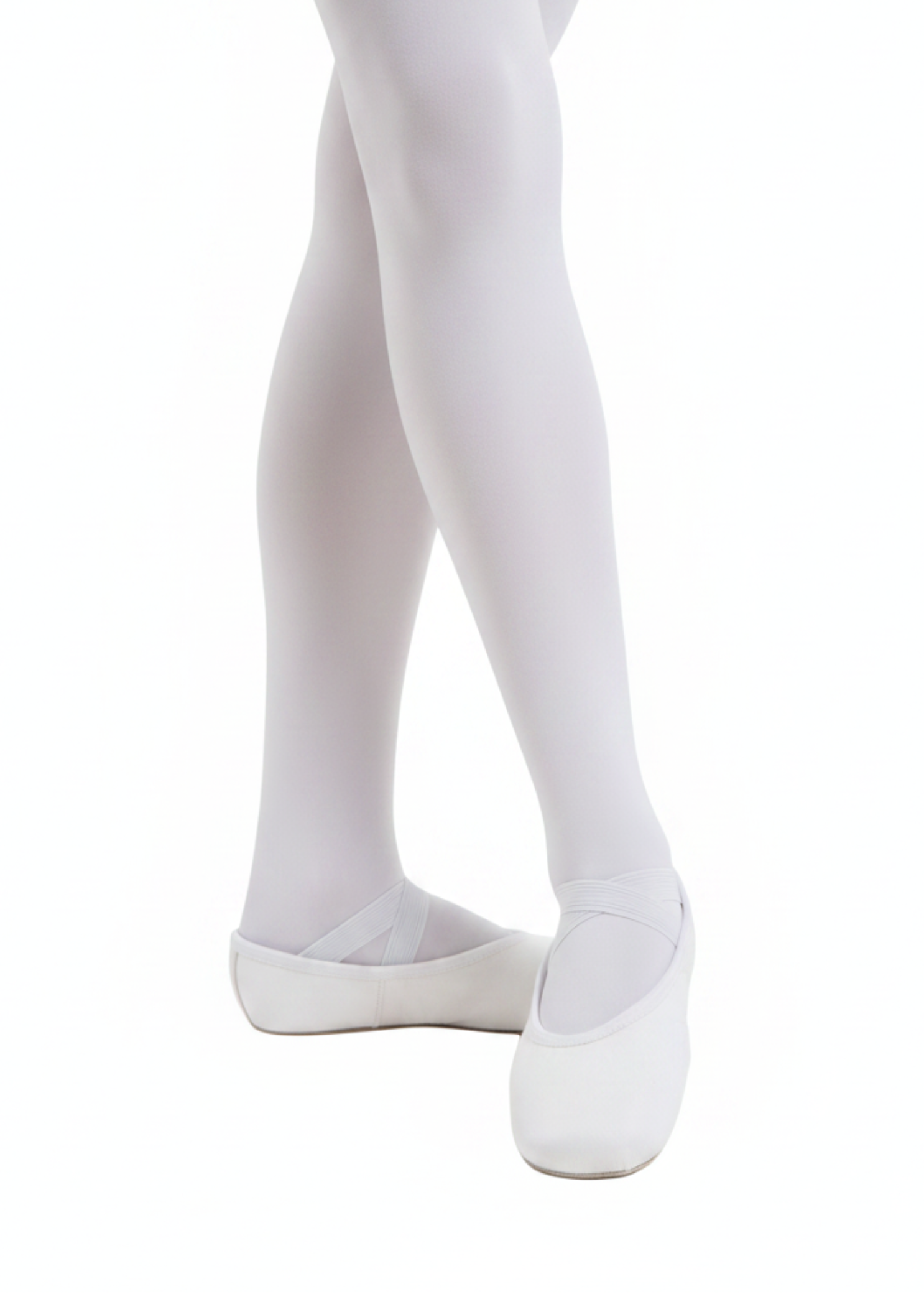 Capezio Canvas ballet shoe in white, medial side and front view showing pre-sewn criss-cross elastics