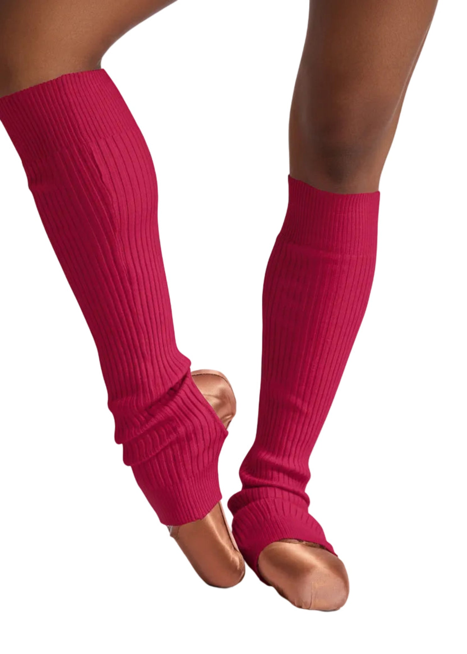 Capezio Lee leg warmer in Red, lifestyle view showing 22-inch knee-high ribbed knit legwarmer with stirrup heel opening worn over split-sole ballet shoe