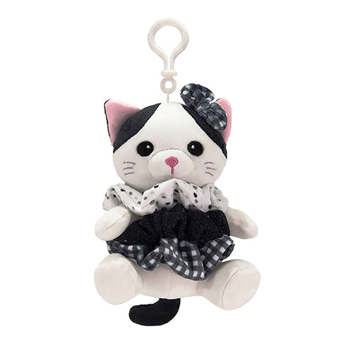 Plush cat bag tag with soft fabric design, ID tag, and stylish detailing