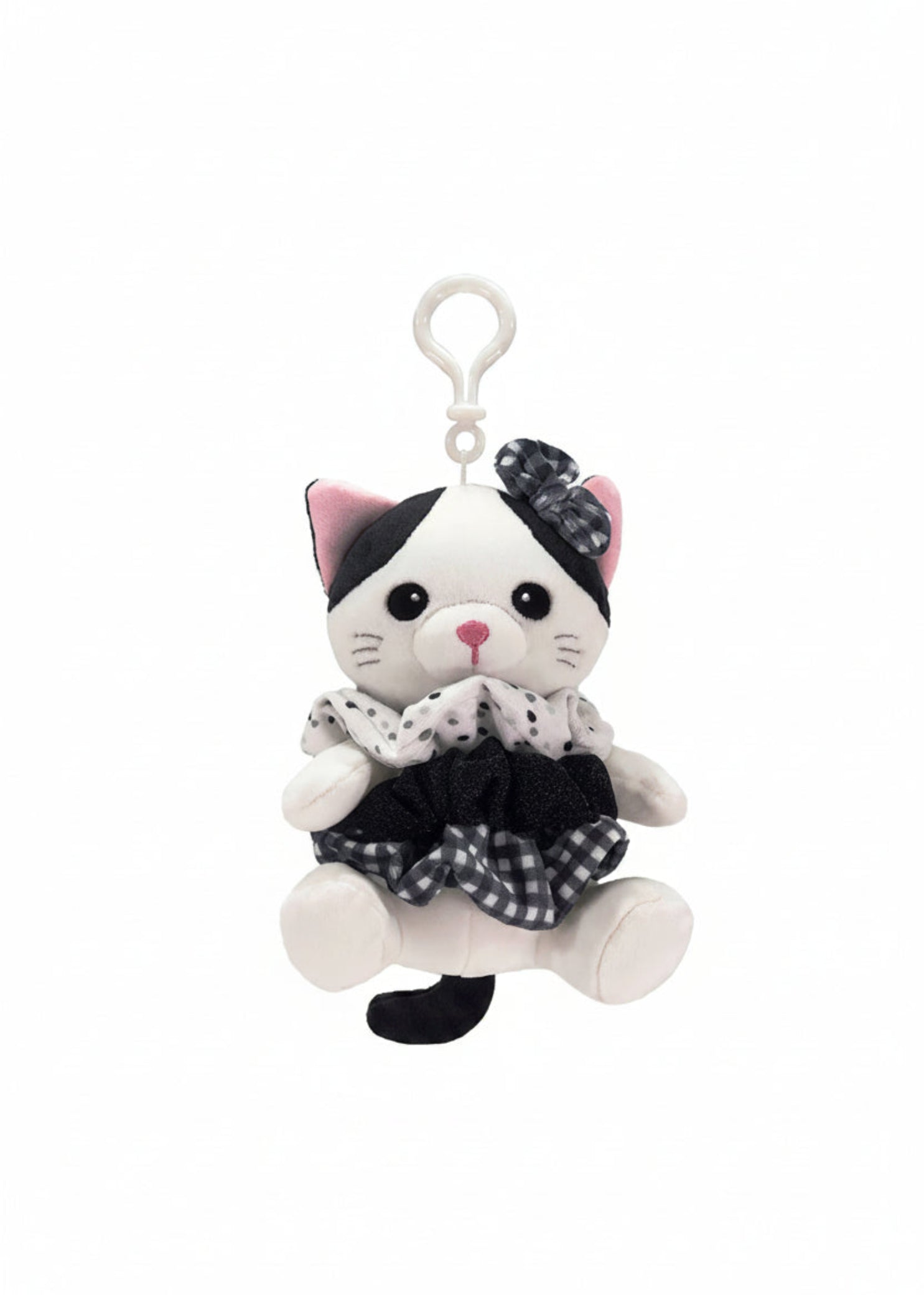 Plush cat bag tag with soft fabric design, ID tag, and stylish detailing