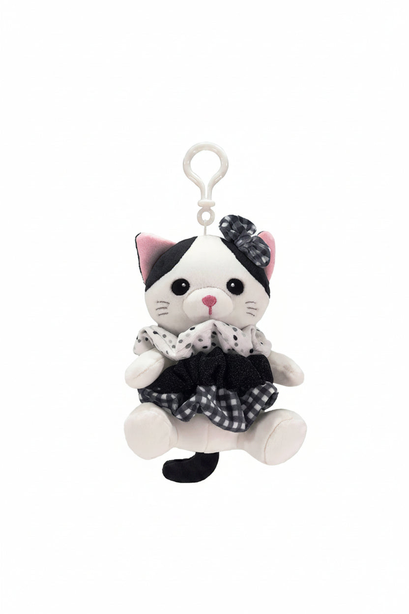 Plush cat bag tag with soft fabric design, ID tag, and stylish detailing
