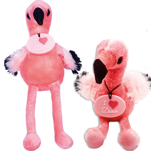 Mini flamingo plush made from recycled materials with sitting pose and “I love dance” medallion