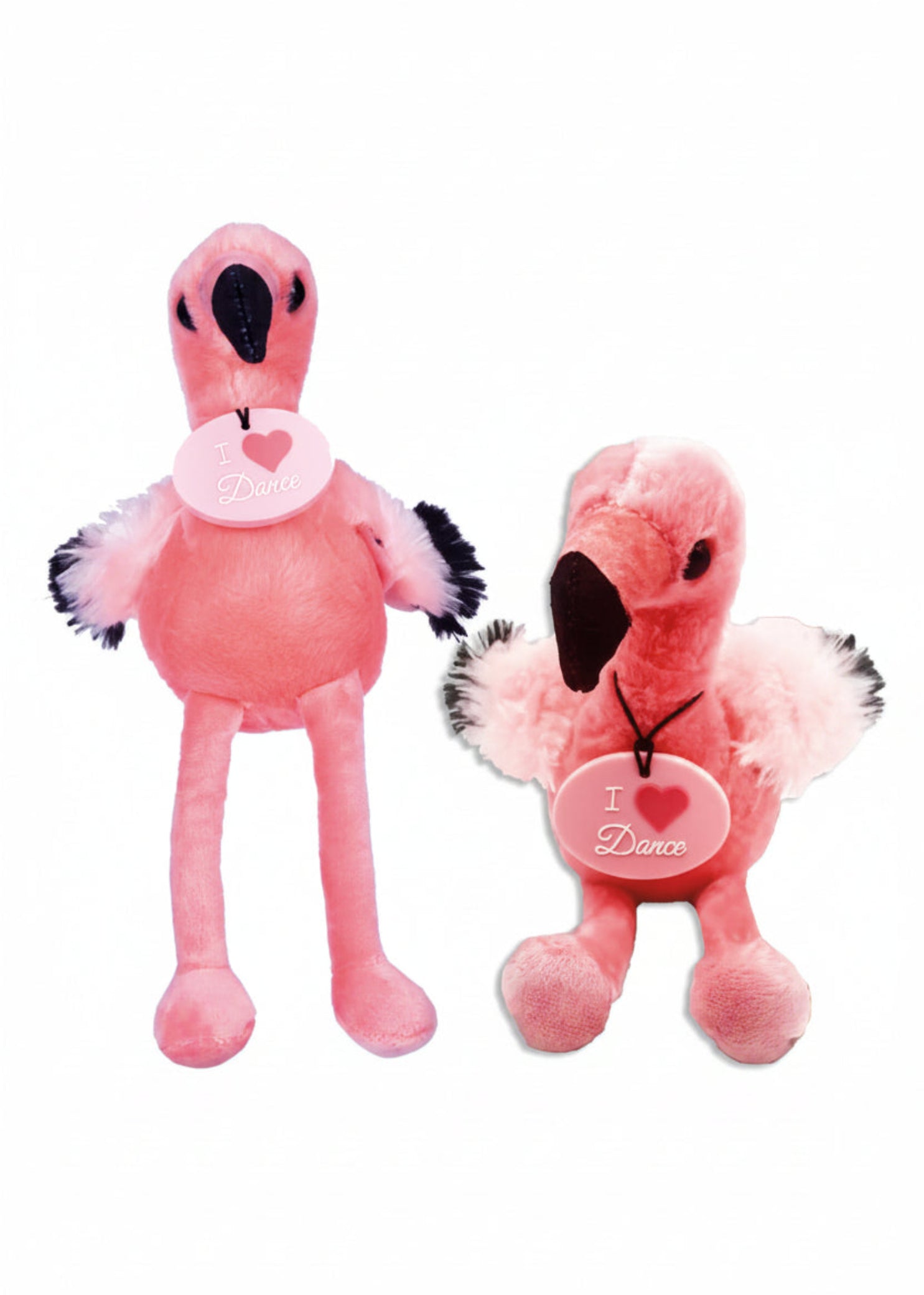 Mini flamingo plush made from recycled materials with sitting pose and “I love dance” medallion