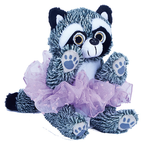 Fuzzy raccoon plush with textured fur, sparkling eyes, lilac tutu with flocked dots, stitched paw prints, and sweet smile, approximately 8 inches tall